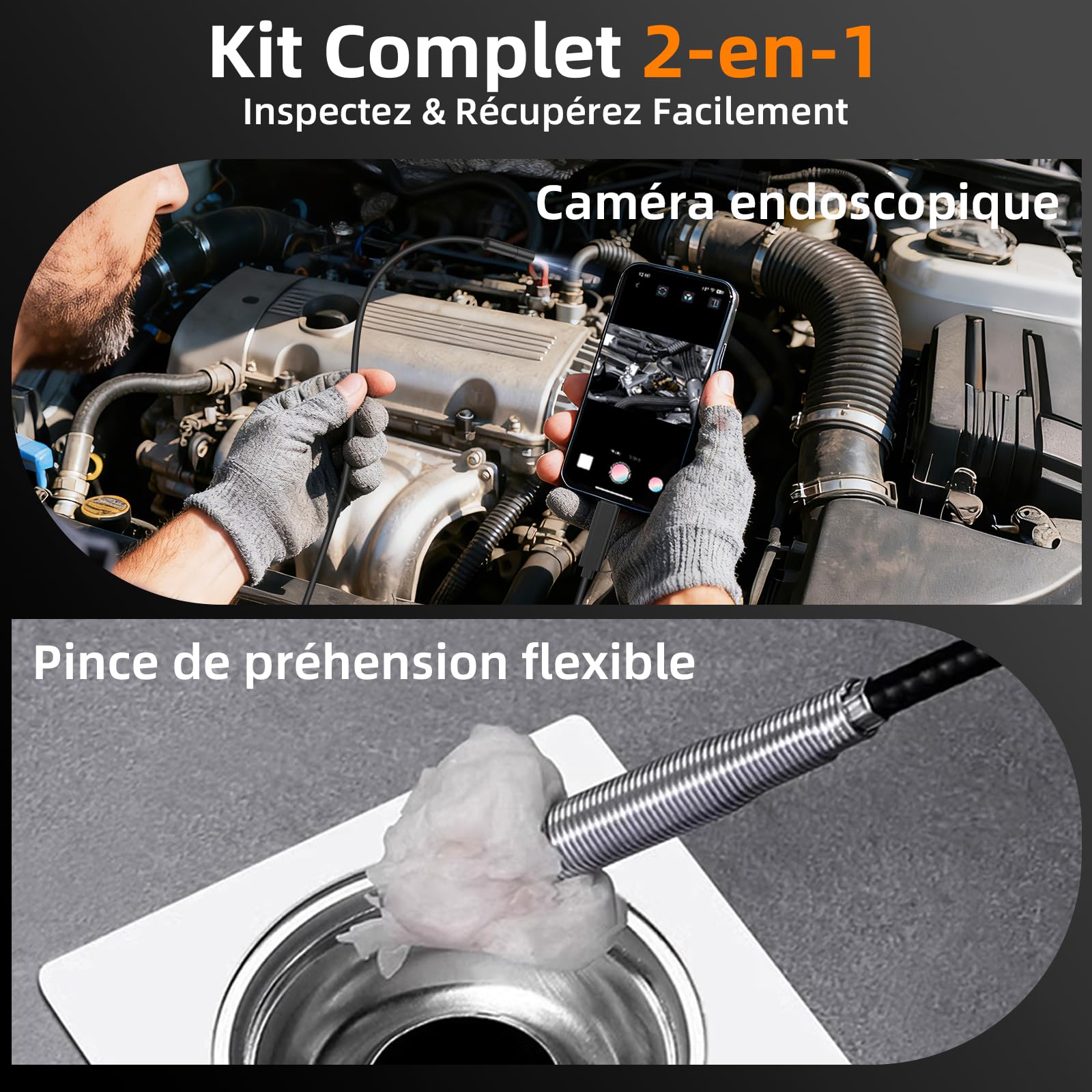 Camera Endoscopique avec Lumière, Endoscope Camera HD 1920P, Caméra de Puits Étanche IP67 5M avec 8 LED, Furet de Dégorgement,Spirale de Dégorgement de Canalisation pour Égouts et Conduites