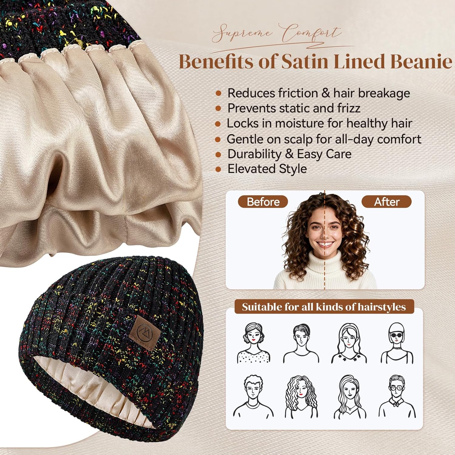 Satin Lined Beanie Women-Winter Hats for Women Silk Lined Beanie Cute Warm Knit Cuffed Hat Snow Ski Cap - Image 3