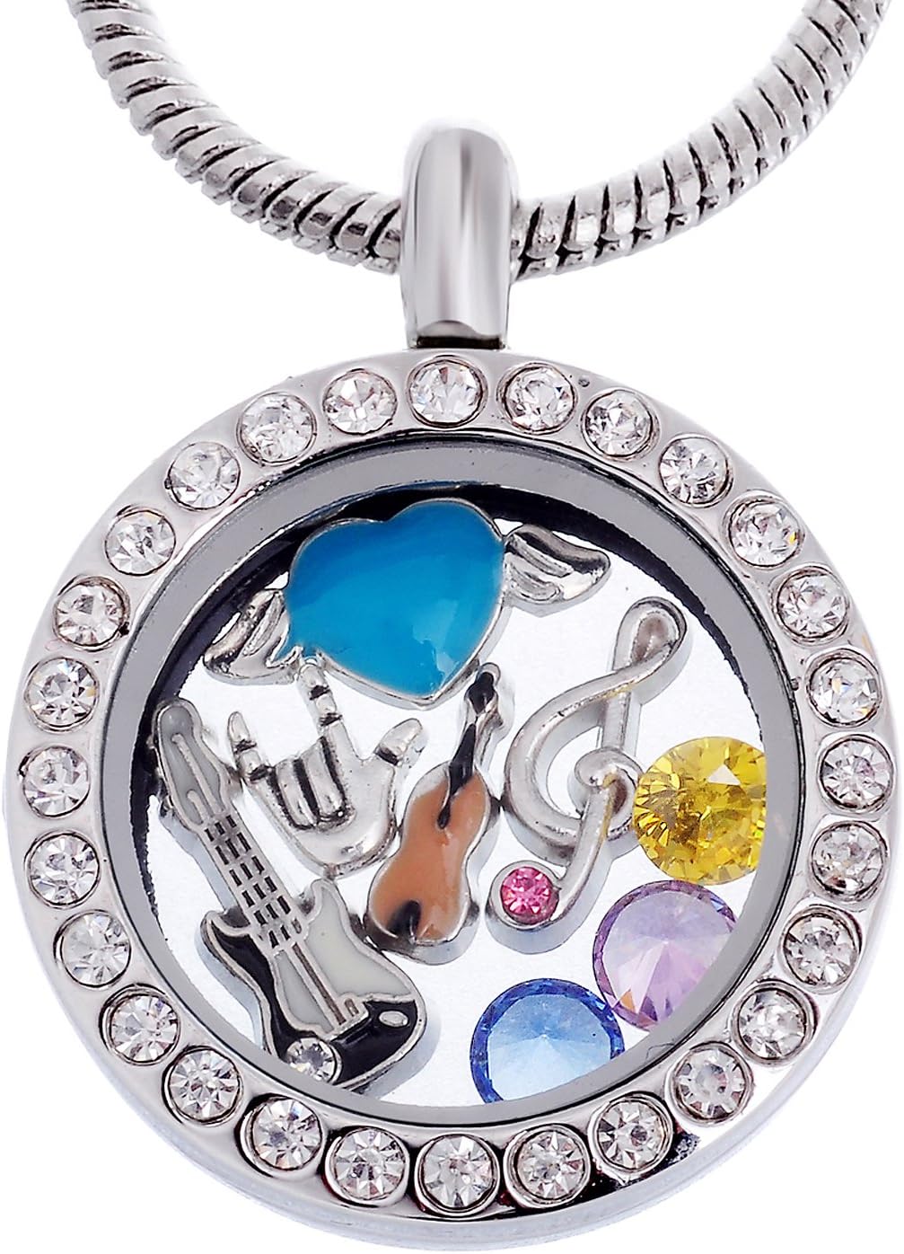 RUBYCA Themed Locket Necklace Crystal Birthstone Living Memory Floating Charm Silver Tone DIY