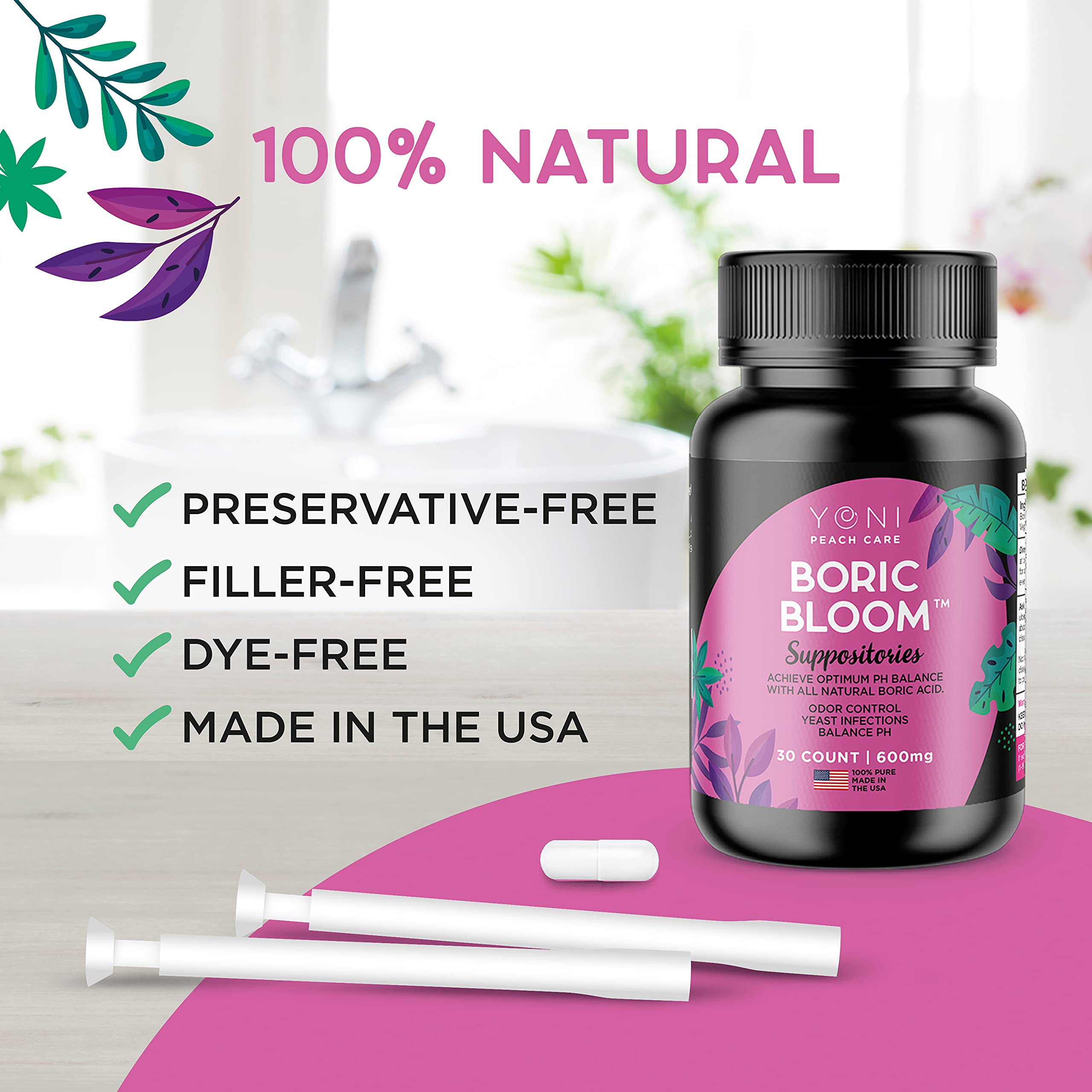 Peach Care Boric Bloom Boric Acid Suppositories Pills, Ph Balance