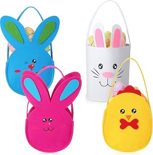 4 Pcs Felt Easter Bunny Basket Egg Bags for Kids, Cute Easter Baskets Easter Basket with Ears Chick Treat Bucket for Easter Party Favors, Easter Hunt Games