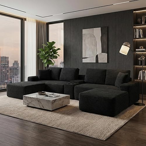 151" U-Shaped Sectional Couch, 6-Seater Oversized Modular Sectional Sofa with USB Port & Storge Console, Modern Corduroy Boneless Cloud Couch for Living Room, No Assembly Required,Black