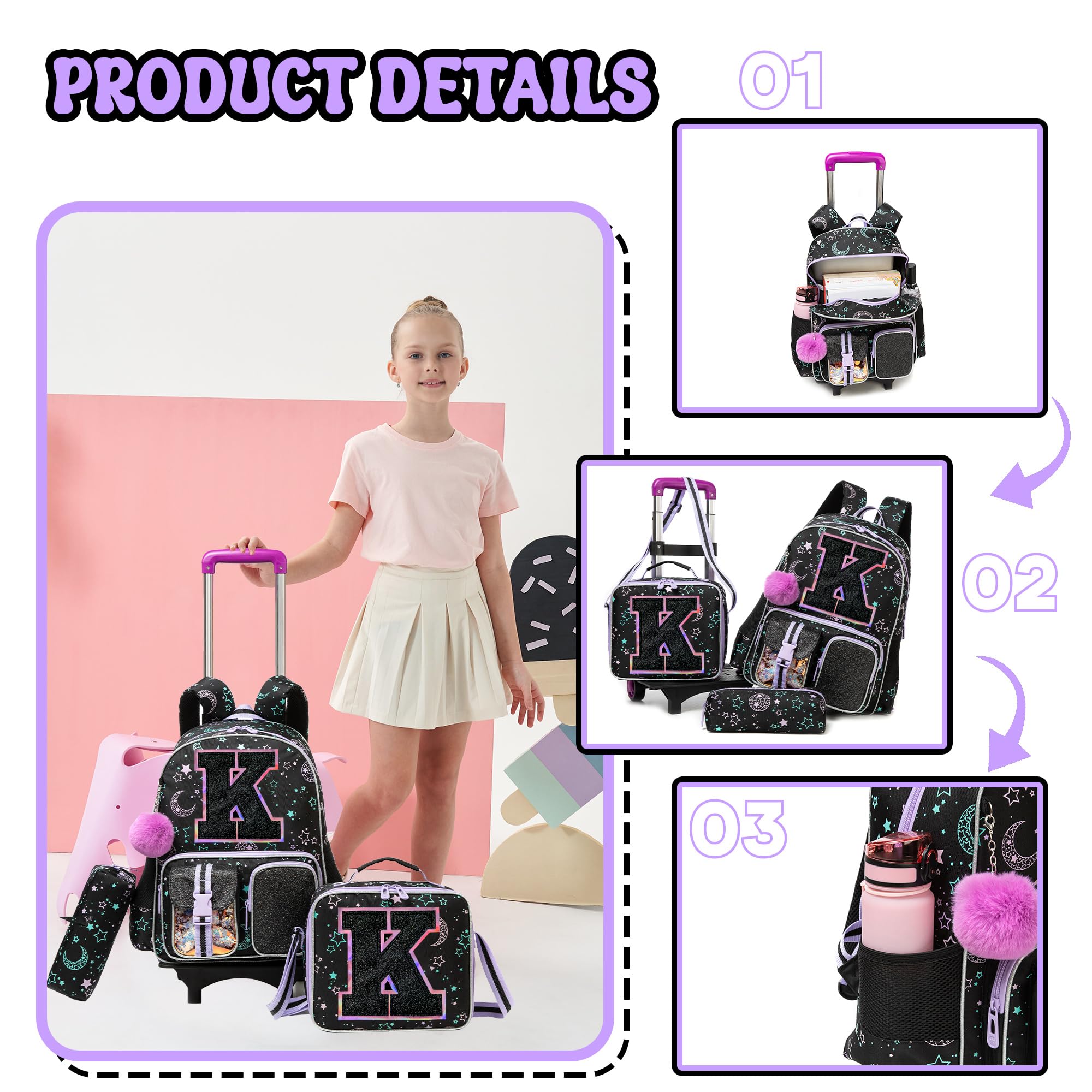 HTgroce Zaino Trolley con Scuola Elementare Bambina Zainetto Con Trolley Con Borsa Per La Merenda E Astuccio