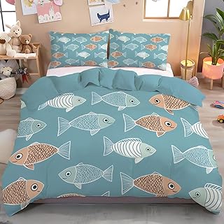 Light Blue Twin Duvet Cover Sets Soft Cute Fish Shape Printed Bedding Se...
