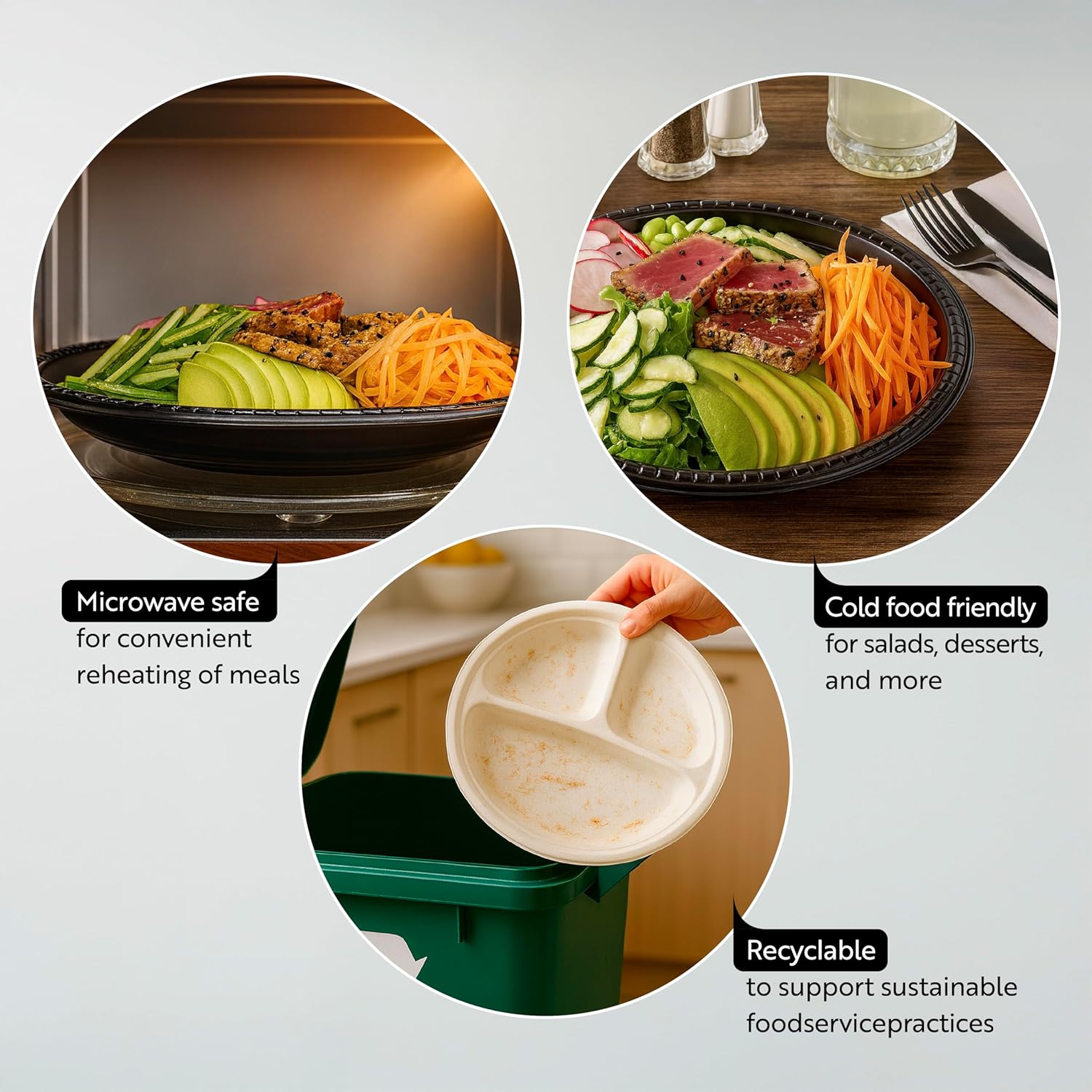 RW Base 10.4 Inch Microwavable Food Plates, 100 Round Plastic Plates - Disposable, Heavy-Duty, Black Plastic Dinner Plates, Serve Hot And Cold Foods, For Restaurants And Cafes - Restaurantware