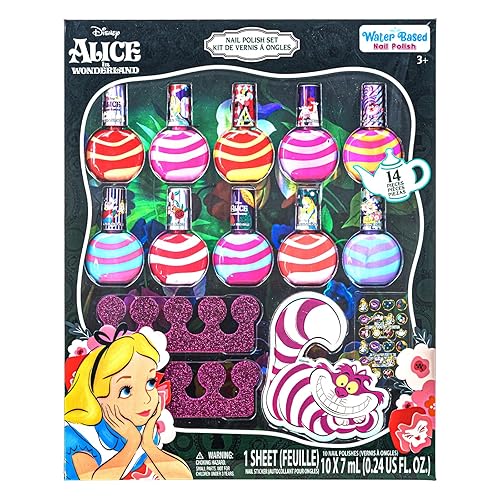 Townley Girl Disney Alice in Wonderland - Juego de 10 esmaltes de uñas en espiral con accesorios, esmalte de uñas pelable a base de agua con colores