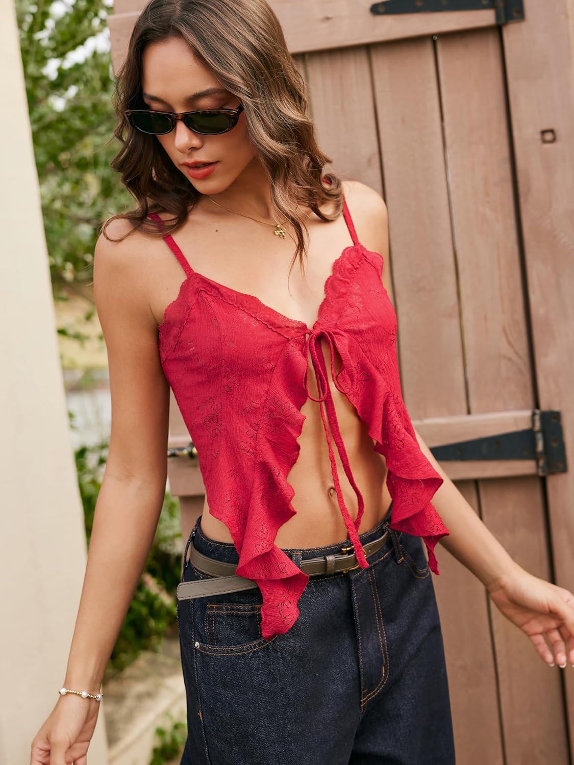 CIDER Going Out Tops for Women Y2K Tie Front Asymmetrical Ruffle Hem Lace Spaghetti Strap Cowgirl Crop Tops - Image 2