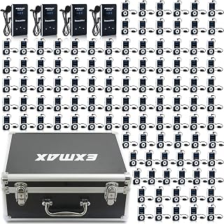 EXMAX EX-100 Wireless Tour Guide System/Audio Voice Transmission with Carrying Case(NO Charging),for Teaching,Conference,Tour Guides Live Explanation Hajj (4 Transmitters 105 Receivers w/Black Case)