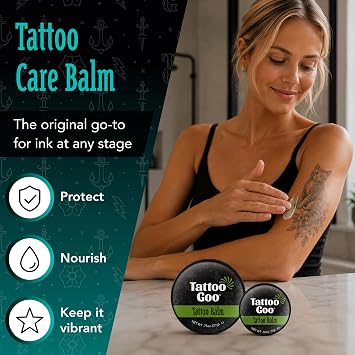 Tattoo Goo Tattoo Aftercare Balm, 0.32 oz (Travel Size), Natural Olive Oil & Beeswax, Supports Vibrant Color, Hydrates Fresh Ink, Moisturizing & Lightweight, No Petroleum, Mild Scent