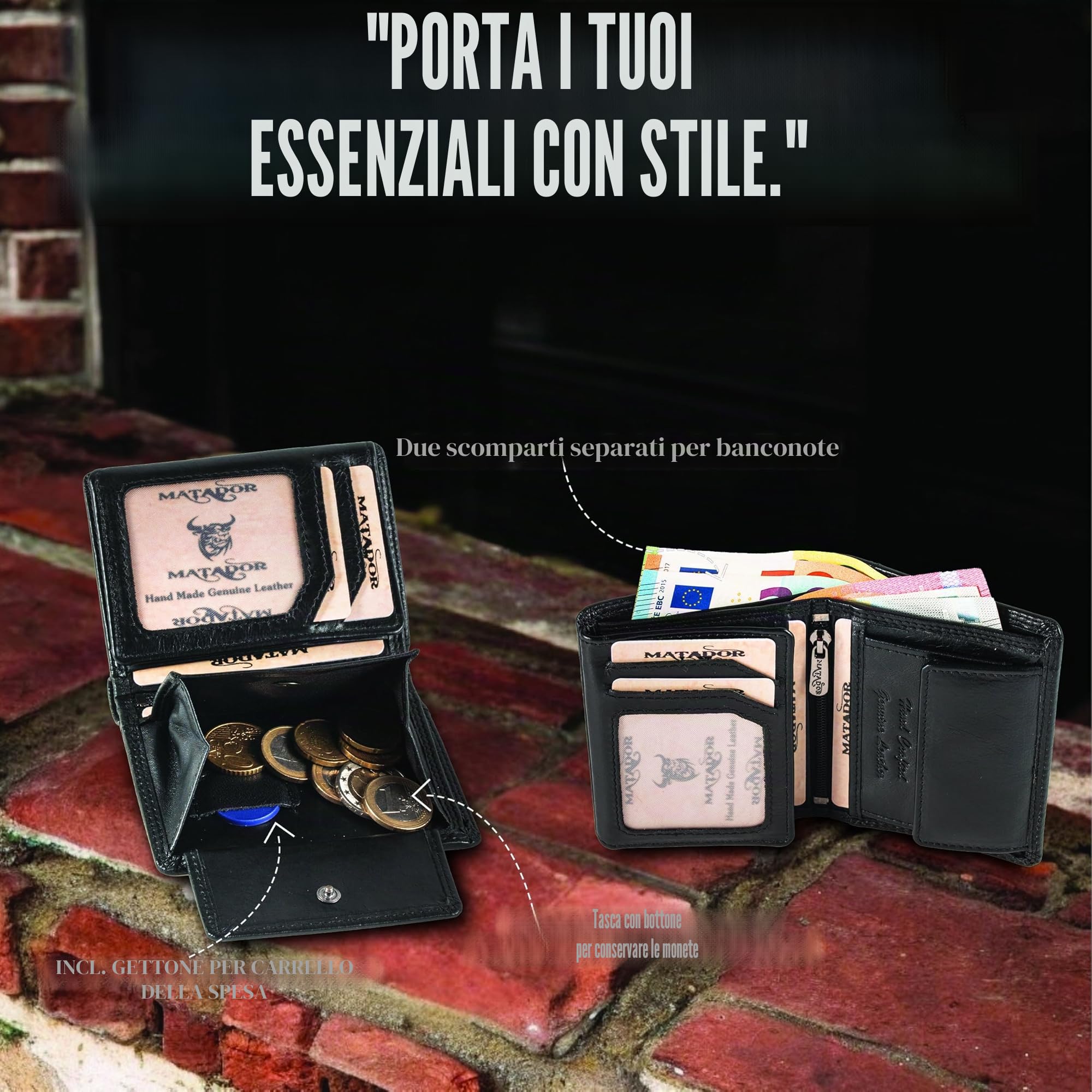 Matador Portafoglio piccolo in pelle da uomo, NERO