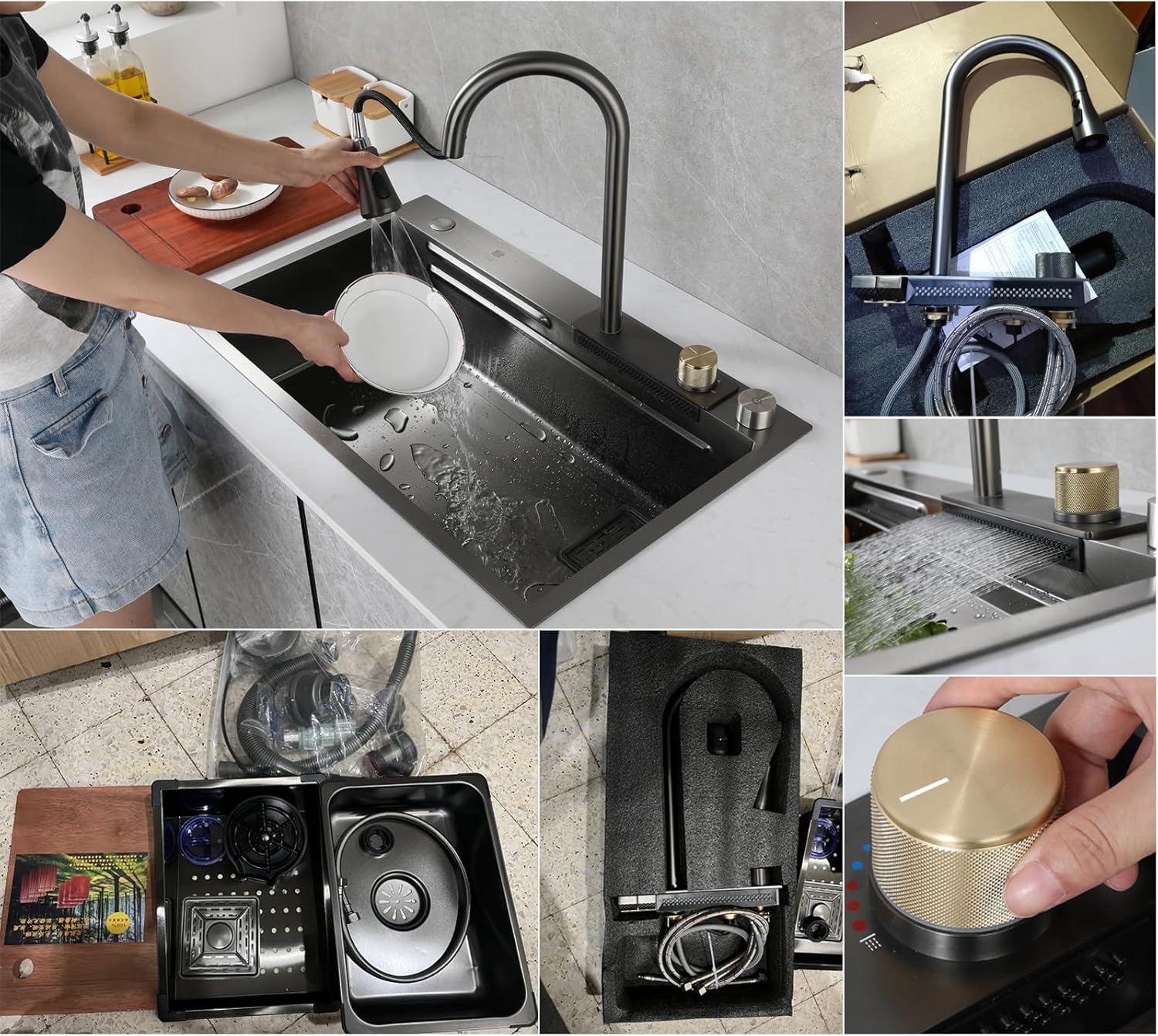 DSMRLEOP Waterfall Sink in Black, 304 Stainless Steel Sink, Multifunctional Kitchen Sink, Built-in Sink, Sink with Multifunctional Tap and Various Accessories