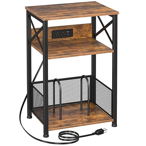 AMHANCIBLE Record Player Stand with Charging Station, Turntable Stand with Storage Cabinet, 3 Tier End Table Hold Up to 100 Albums, Record Table for Vinyl, Living Room, Rustic Brown, HETCD01BR-1 - Brown - W 15.75" x D 11.41"