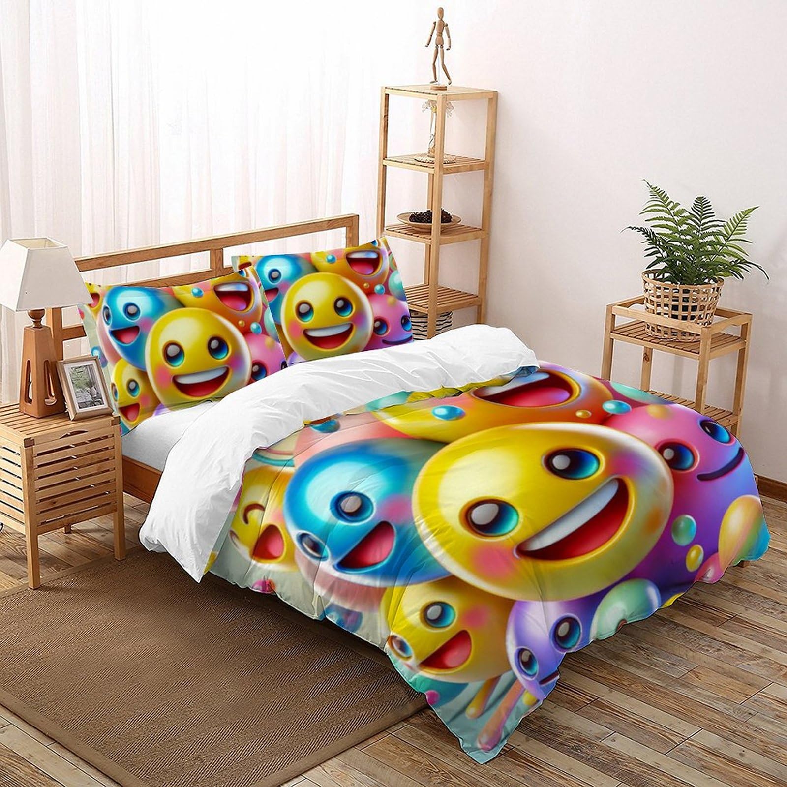 Housse de couette double microfibre visages souriants colorés lit japonais enfant