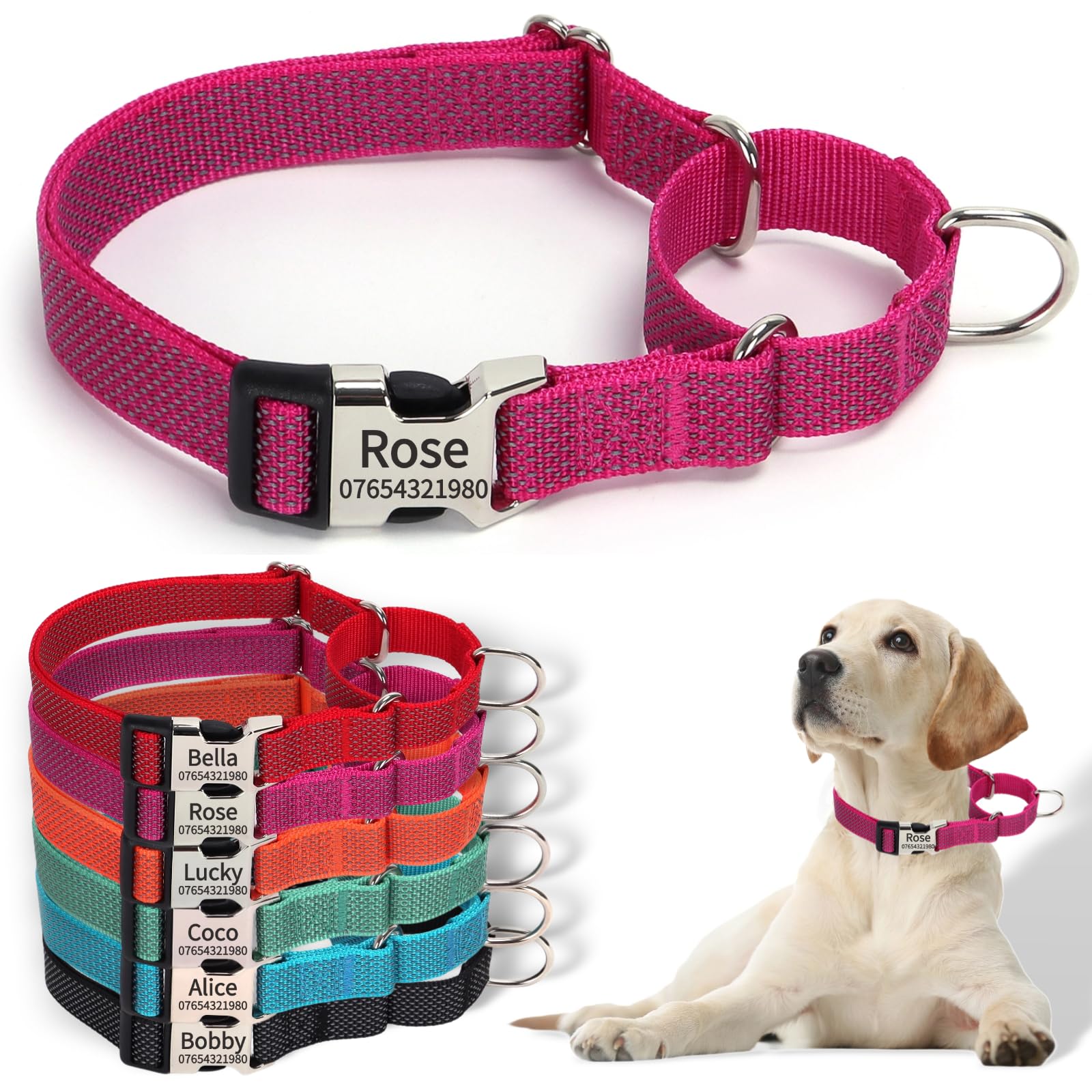 SEOUGEE Martingale Dog Collar Personalised, Reflective Nylon Escape-proof Anti-pull Dog Collars with Custom Engraved Metal Buckle, Walking Training Daily Used for Large Dogs (L Rose Red, 45-65cm)