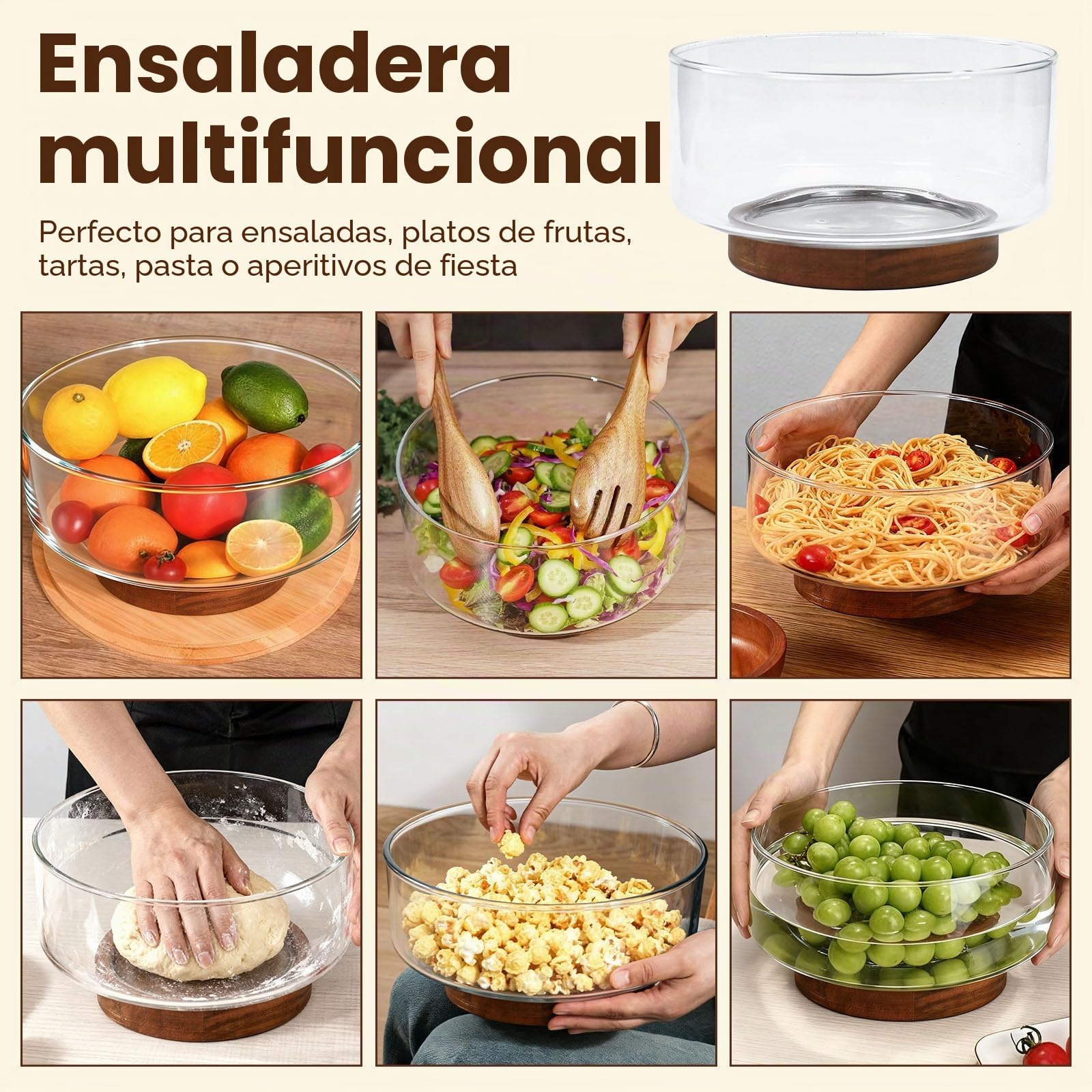 Bol Cocina Cristal 23cm 3700ml Bol Ensalada Grande Bol de Mezcla Ensaladera Cristal con base de Madera Apto para Lavavajillas Microondas para Preparar, Servir y Mezclar + 1x Cuchala 1x Tenedor | Cuenco grande de cristal, ensaladera de cristal extragrande
