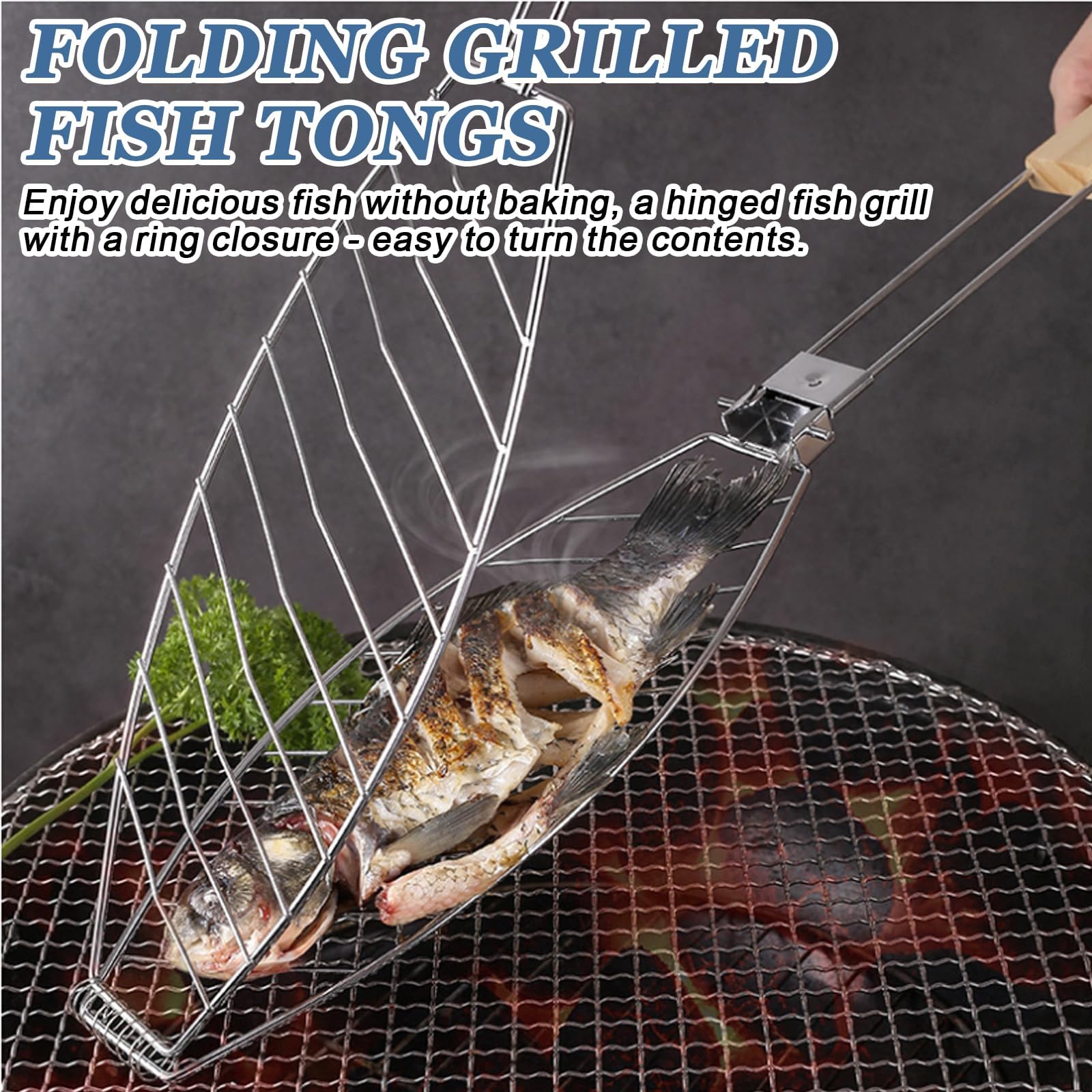 3 x Fisch Grillhalter mit Holzgriff, 63x12cm Große Fischbräter Fischgriller mit Griff aus Metall, Grillfisch Rack Fischgrillzange Fischkorb für BBQ und Grill