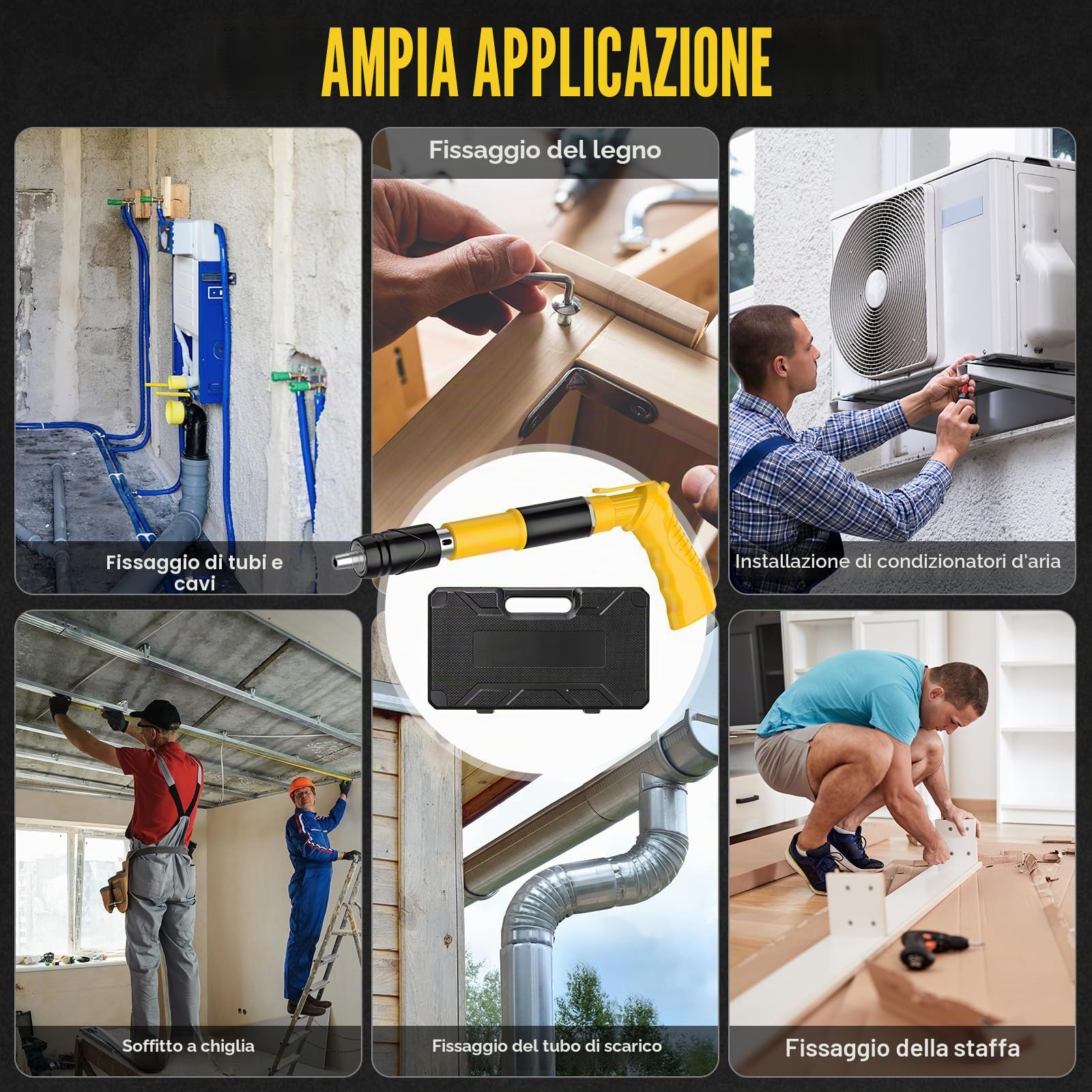 Spara Chiodi per Cemento e Ferro, Chiodatrice Manuale in Acciaio con Aste di Prolunga e 120 Chiodi Tondi, 5 Livelli Regolabili,Doppio Silenziatore e Valigetta per Parete, Mattoni o Acciaio (A)