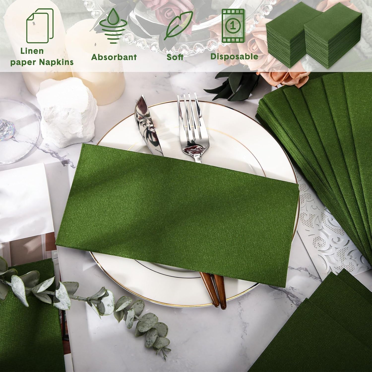 Jeyiour 150 Pcs Olive Green Dinner Napkins Boho Disposable Guest Towels 16 x 16 Inch Paper Hand Towels for Bathroom Decorative Wedding Napkins for Bridal Baby Shower Kitchen Party Event