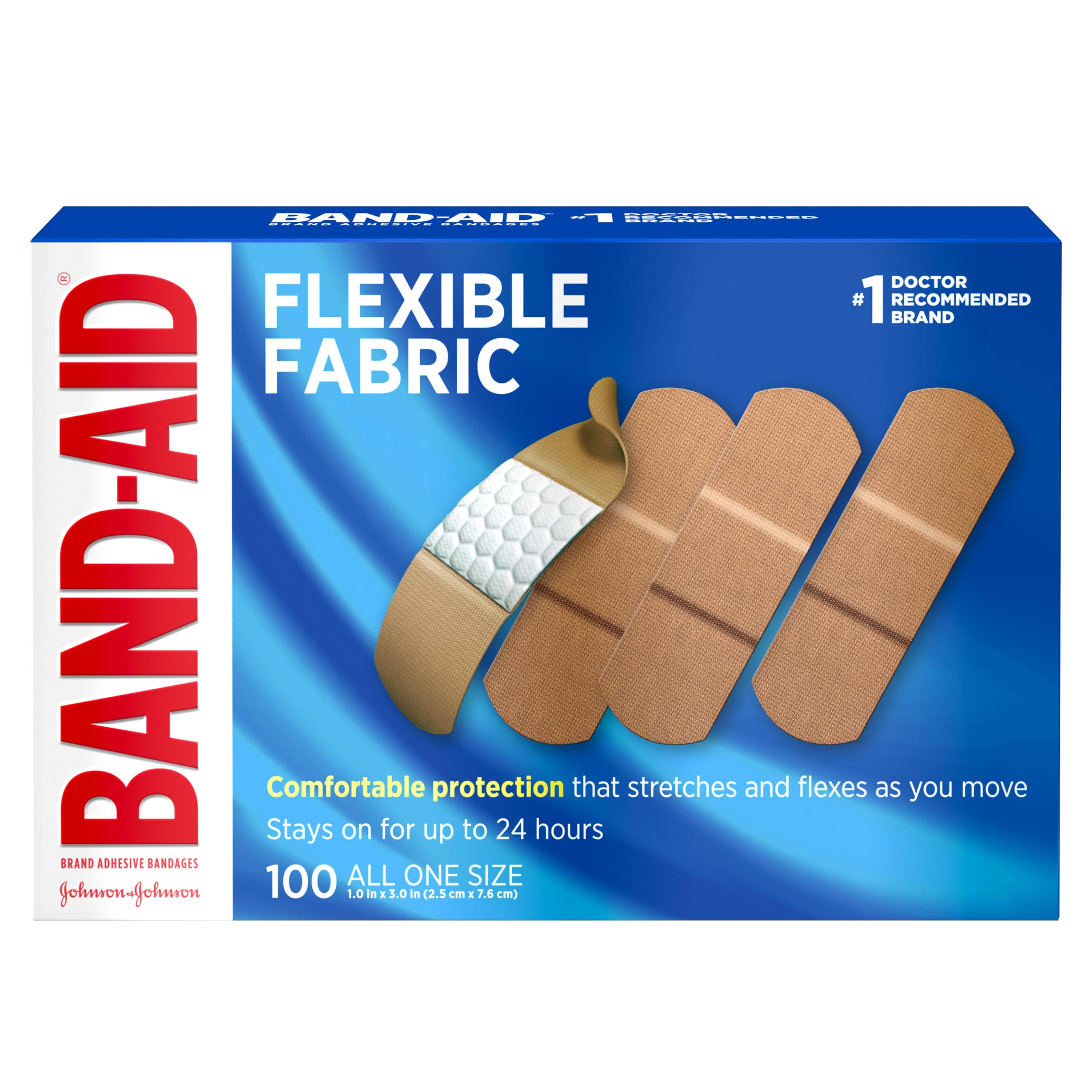 BAND-AID Brand Flexible Fabric Adhesive Bandages, Comfortable Sterile Wound Care and Flexible Protection for Minor Cuts, Scrapes & Burns, A Must for First Aid Kits, Non-Stick Pad, One Size, 100 Count