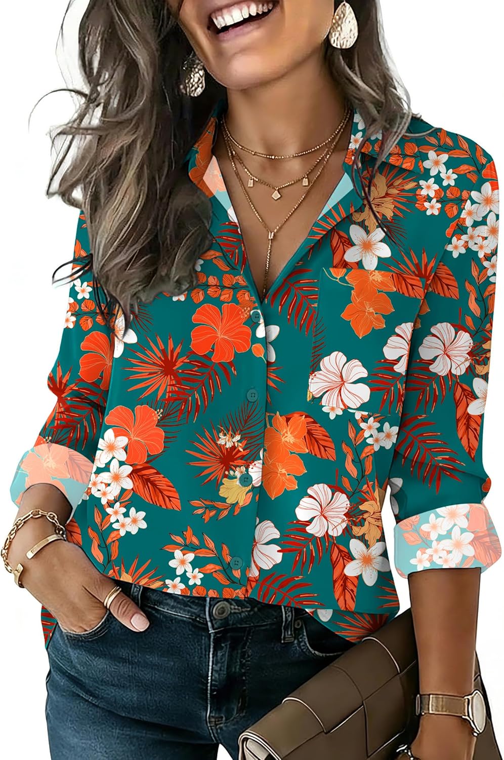 HOTOUCH Button Down Shirts for Women Long Sleeve Blouse Dressy Casual Business Work Tops with Pocket