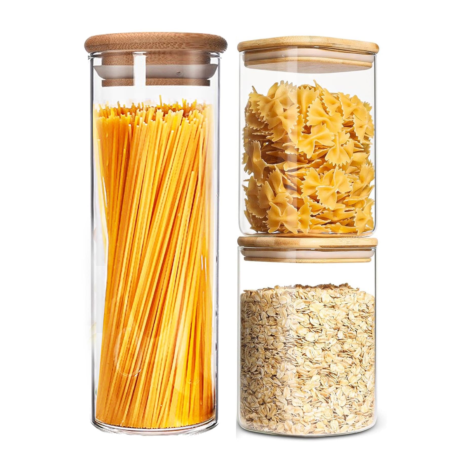 simpa Round Glass Storage Jar with Airtight Bamboo Lids, Set of 3 (2200ml / 1000ml / 800ml) Multipurpose Kitchen Pantry Food Storage Containers.