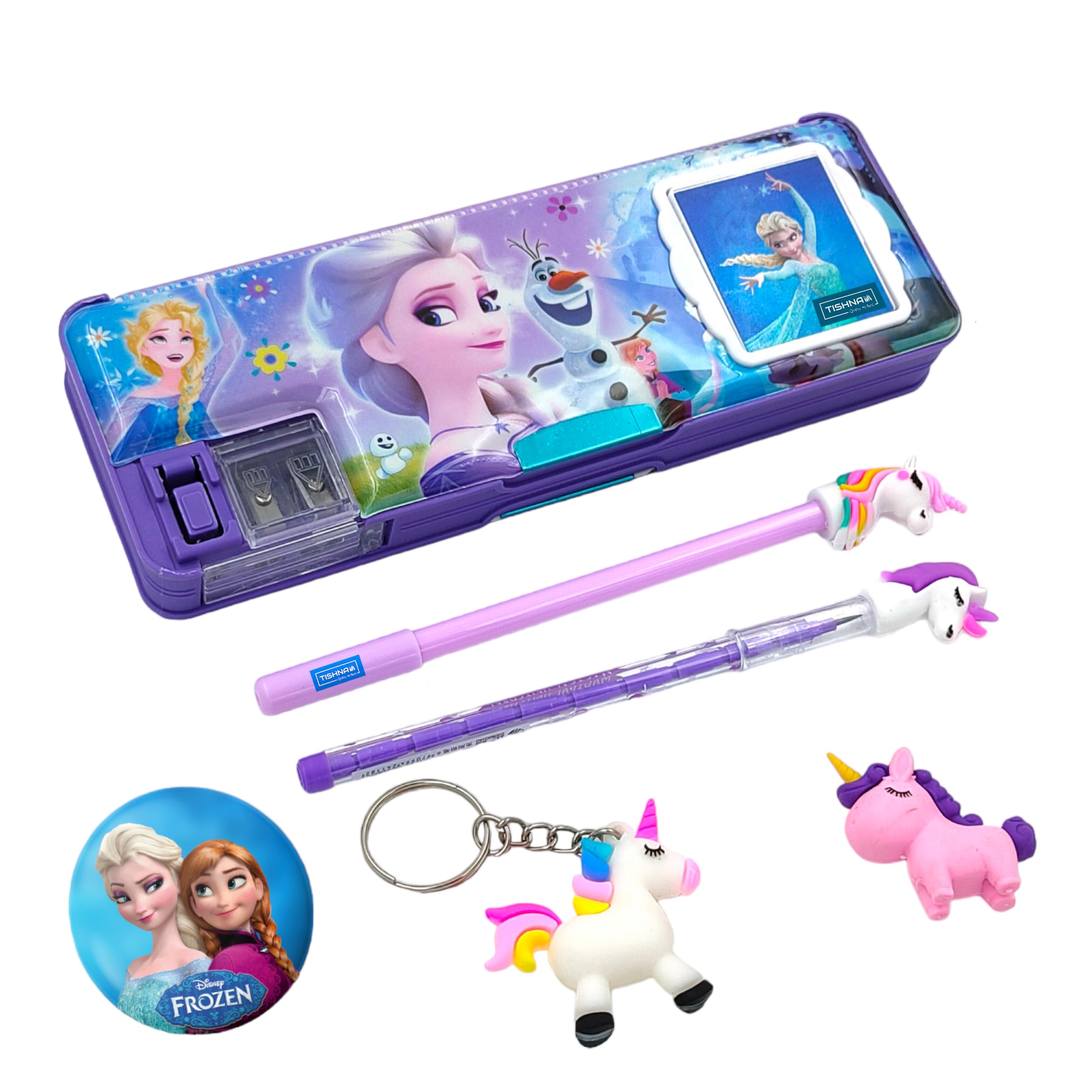 TISHNAFrozen Princess Pencil Box Integrated Sharpener and Calculator, Magnetic Lock, Dual Compartments, Cartoon Stationery Case School Kit for Girls,Kids, Students Combo Set of 6 in1
