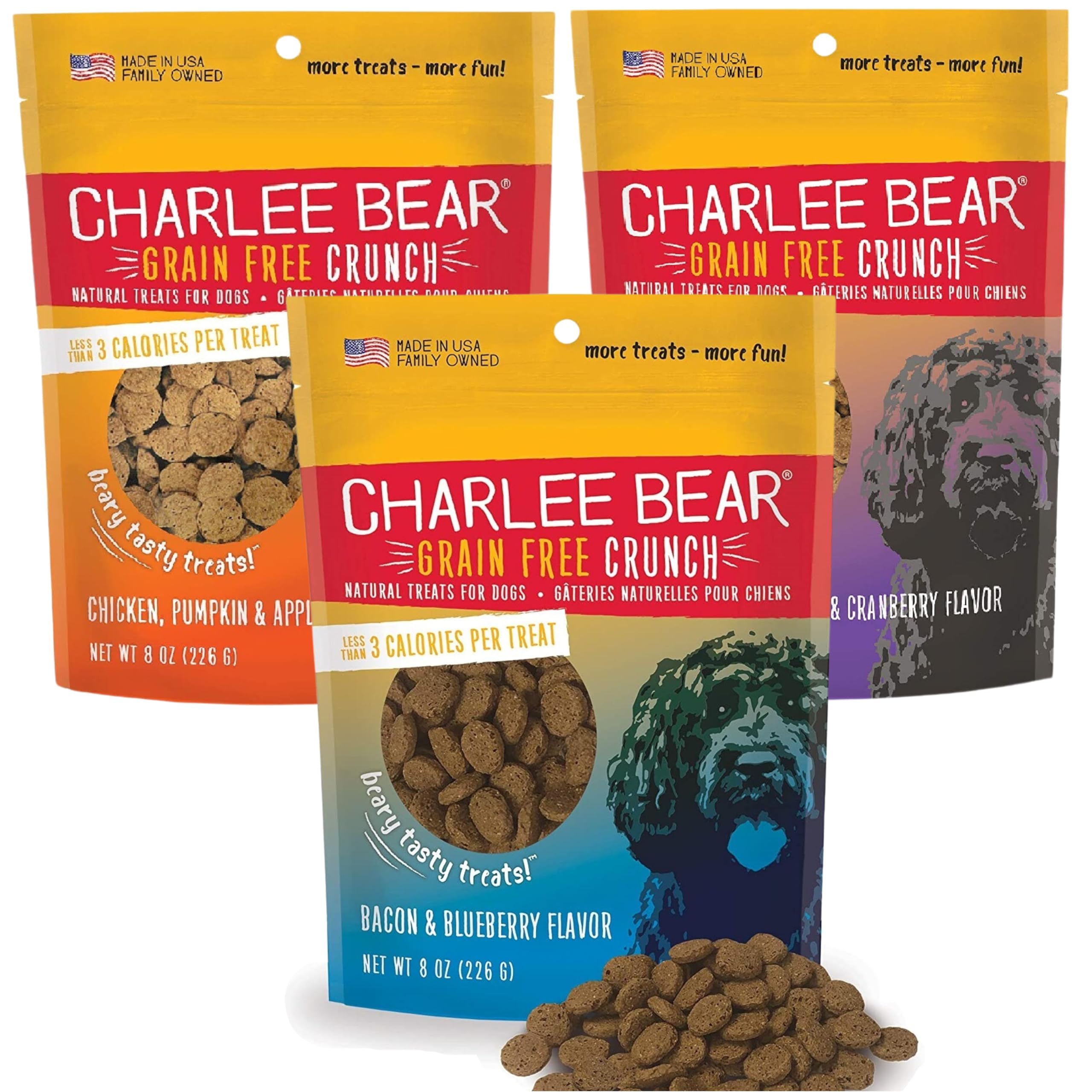 Charlee Bear Dogs Training Treat and Snack, Crunchy Low Calorie Grain Free Dog Treats, Made in USA, Best for Small and Medium Breeds, Great for Puppy Training Treats, 3 Flavor Variety Pack, 8oz Each