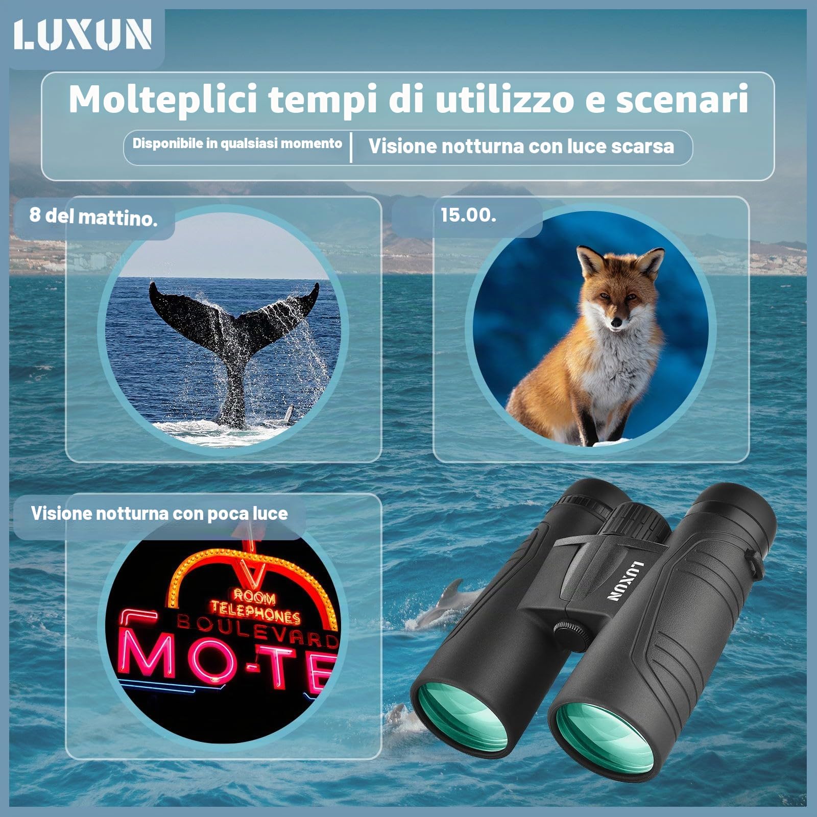 LUXUN Binocolo 10 x 42 per adulti, binocolo HD per caccia, birdwatching e escursioni, safari, obiettivo FMC con adattatore per cellulare