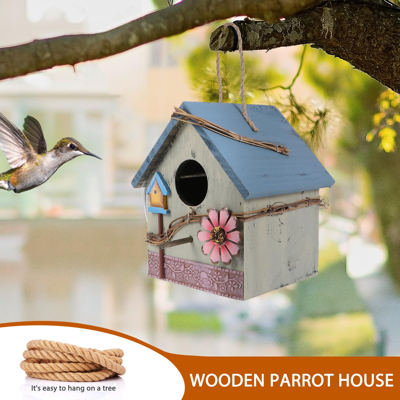 Mangiatoia per Pappagalli e Casetta per Uccelli Sospesa in Legno, Decorazione da Giardino e Patio, Design Naturale Gancio e Cordino per Esterni e Spazi Verdi