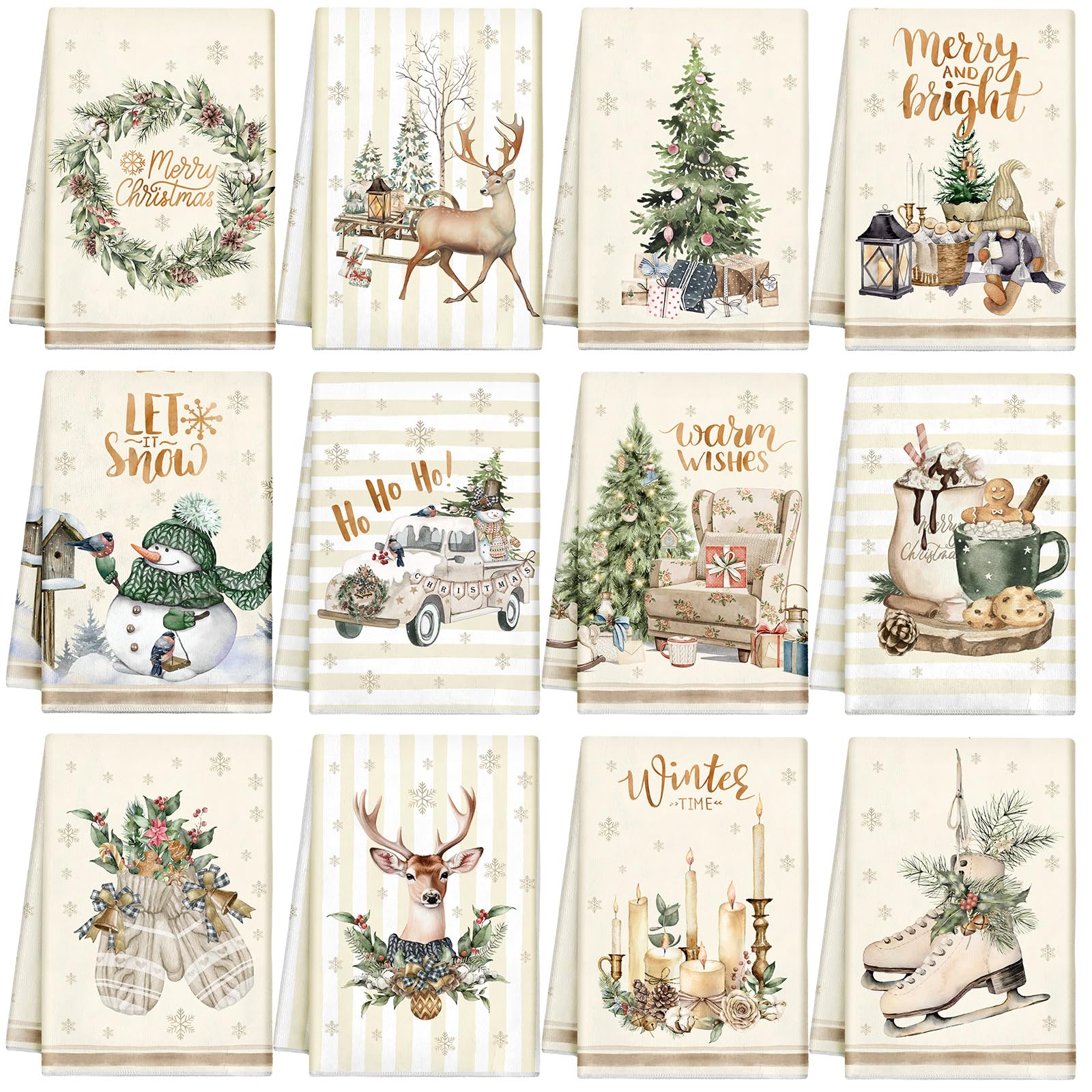 Weihnachtliche Küchentücher und Geschirrtücher, saugfähig, Weihnachtsbaum, Rentier, LKW, Dekoration, Weihnachten, Geschenk, 36 x 54 cm (niedlicher Stil), 12 Stück