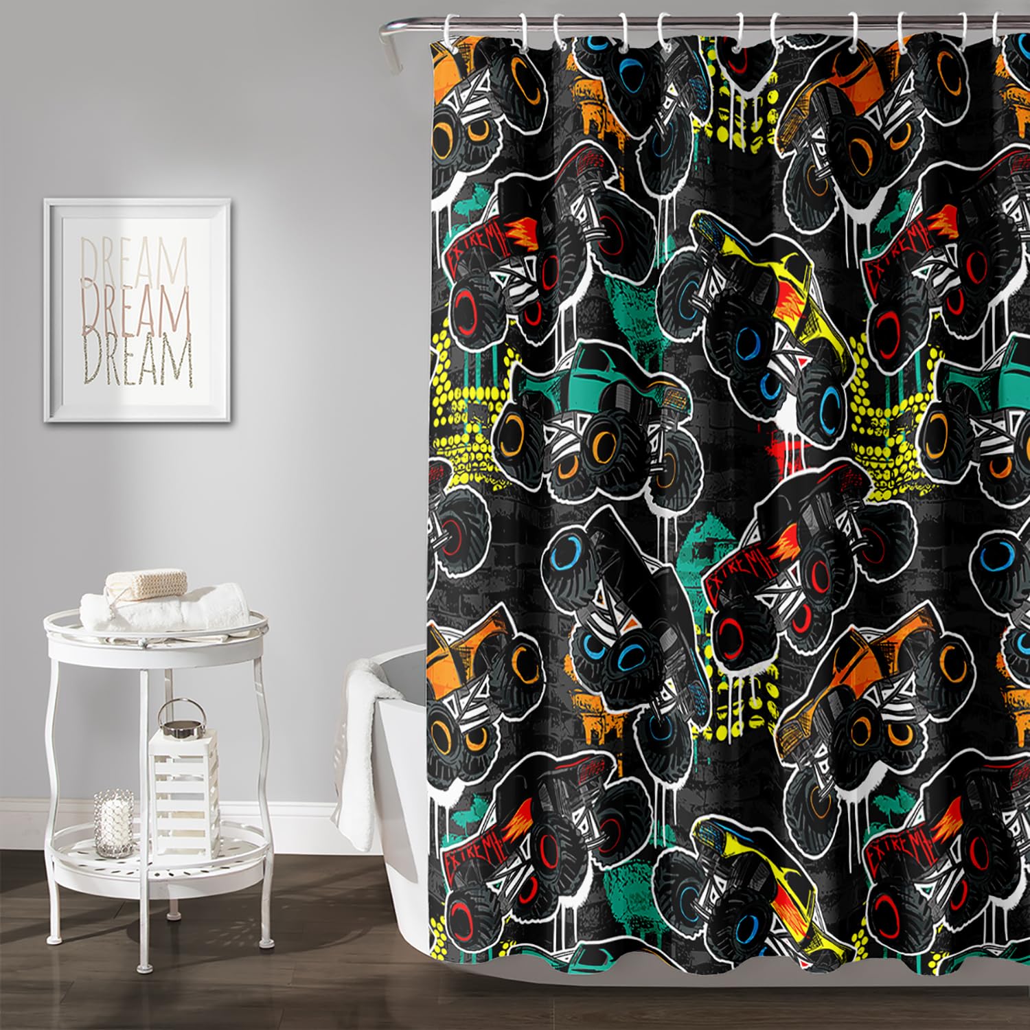 AILONEN Cool Monster Truck Shower Curtain for Bathroom Decor,Jam Truck Bath Curtain for Kids Boys Teen,Colorful Cartoon Print Curtain Waterproof with 12 Plastic Hooks,72