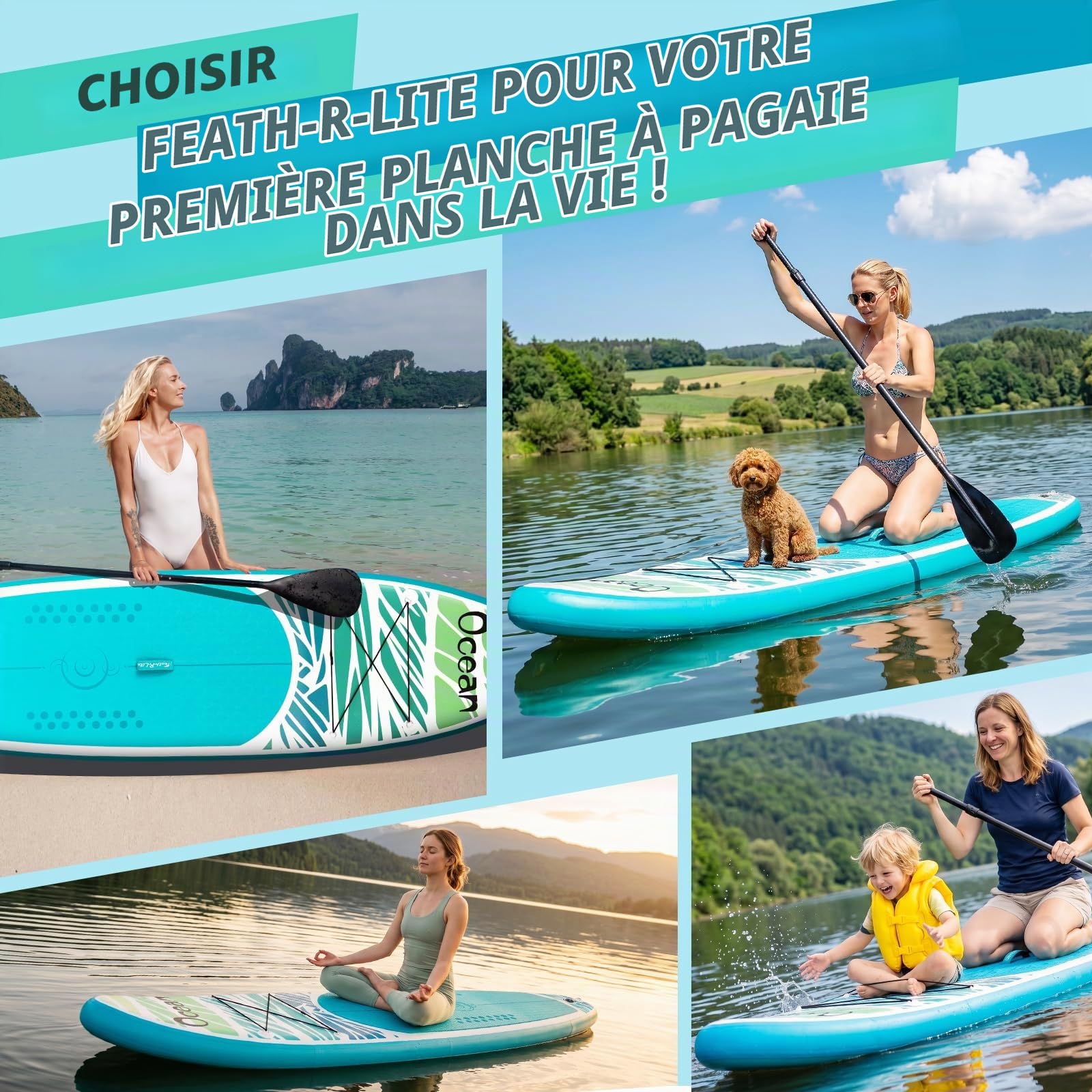 FunWater Stand Up Paddle Board 320 cm et 350 cm – SUP pour 2 personnes/familles, avec accessoires complets, PVC double couche, adaptée aux débutants, planche à pagaie gonflable pour adultes et