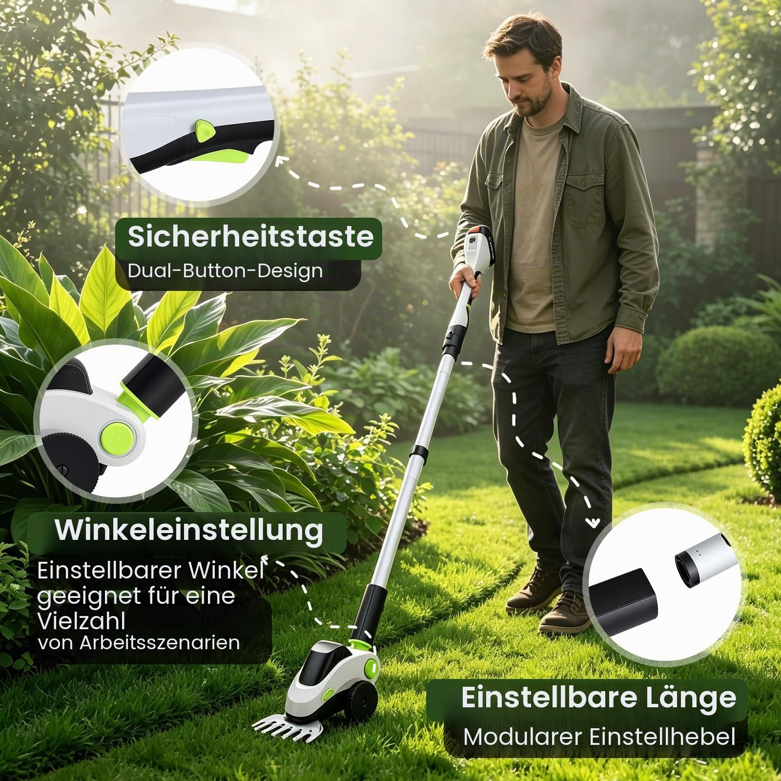 21V Rasentrimmer mit Akku und Unkrautbürste, 4-in-1 Teleskop Heckenschere | mit 2 austauschbaren Köpfen und 2 x 4.0Ah Bürstenlose Freischneider Akku für Garten und Hecke