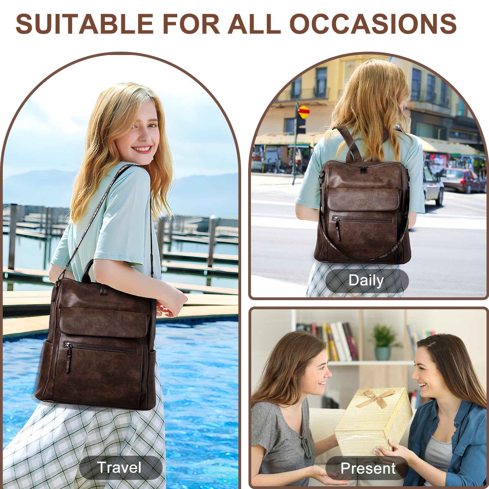 VASCHY Sac a Dos Femme, Grand Antivol 2 en 1 Sac à Main Porté Dos en Cuir PU Élégant Poches Multiples Set de Sac à Dos Fille avec Pochette pour Travail Voyage École Café