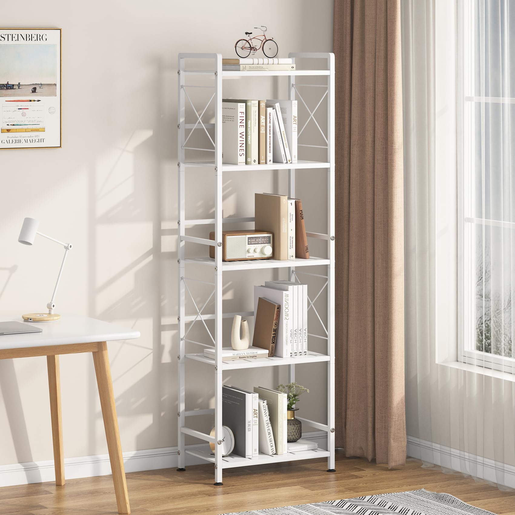 Libreria 5 Piani Parete Metallo Soggiorno Scala Porta Oggetti Bagno 183x30x61cm Bianco 90232201