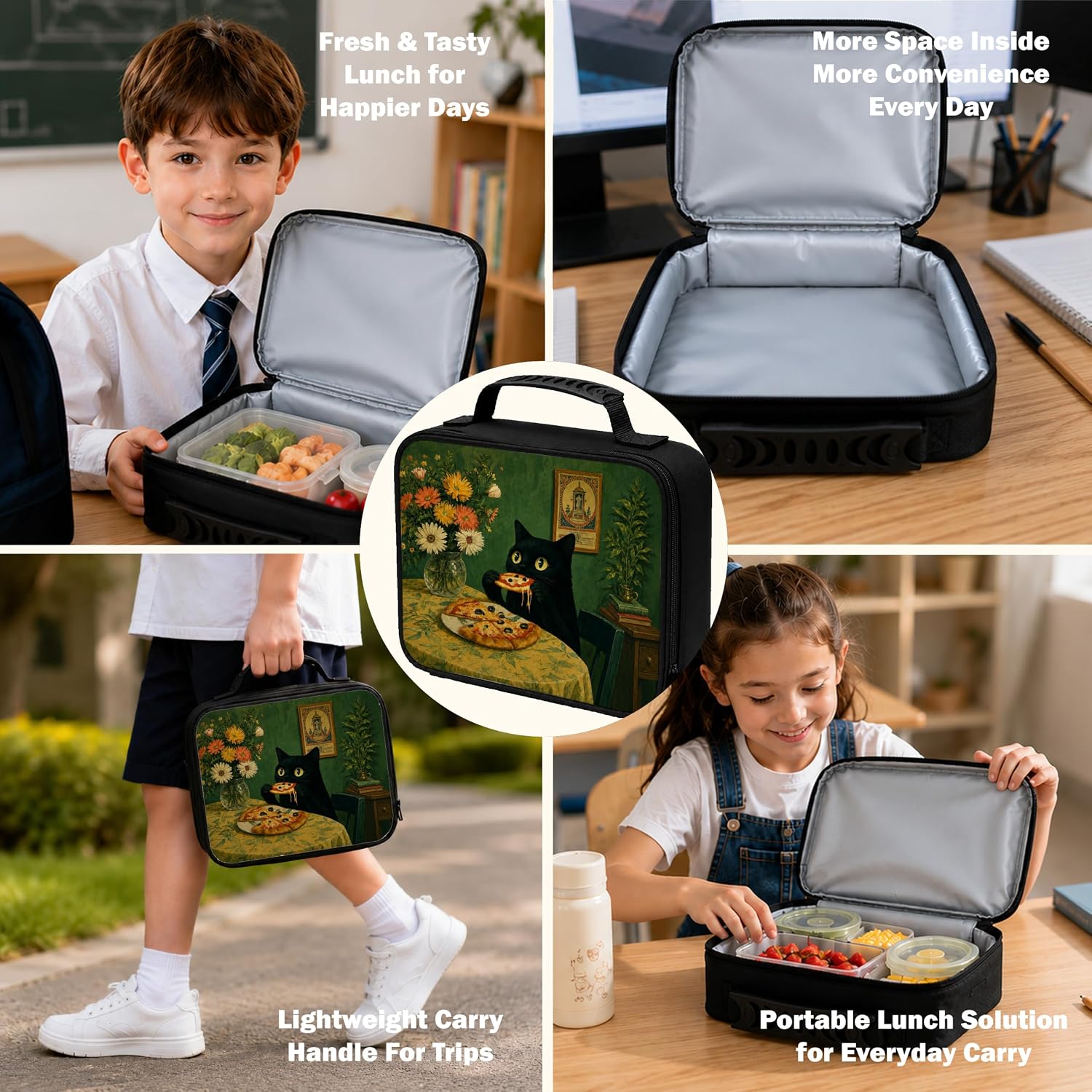 Black Cat Eating Pizza Lunch Box Tote Kit Bag image 4