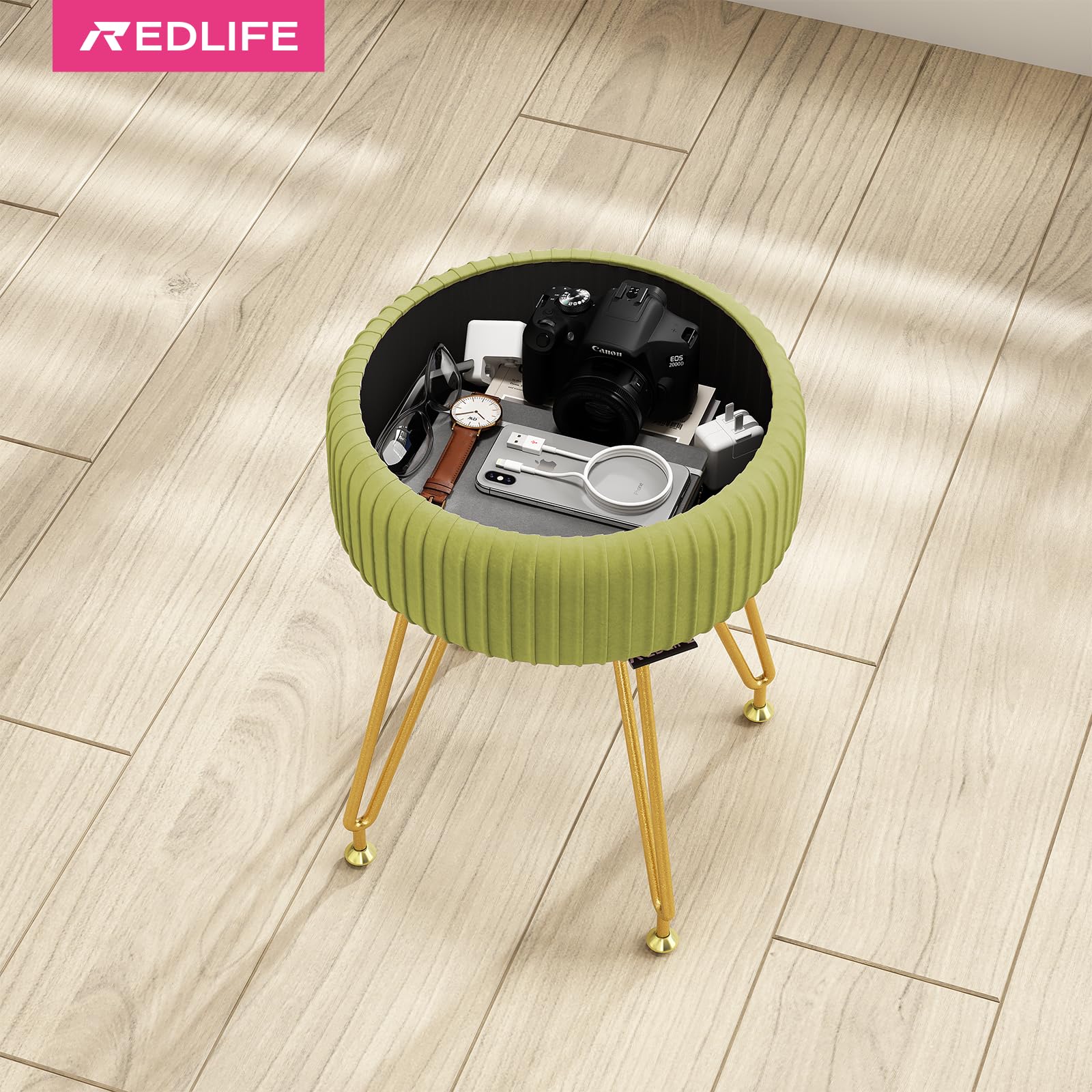 Redlife Velvet Vanity Chair, otomano Tocador taburete de almacenamiento, moderno y elegante, color verde matcha