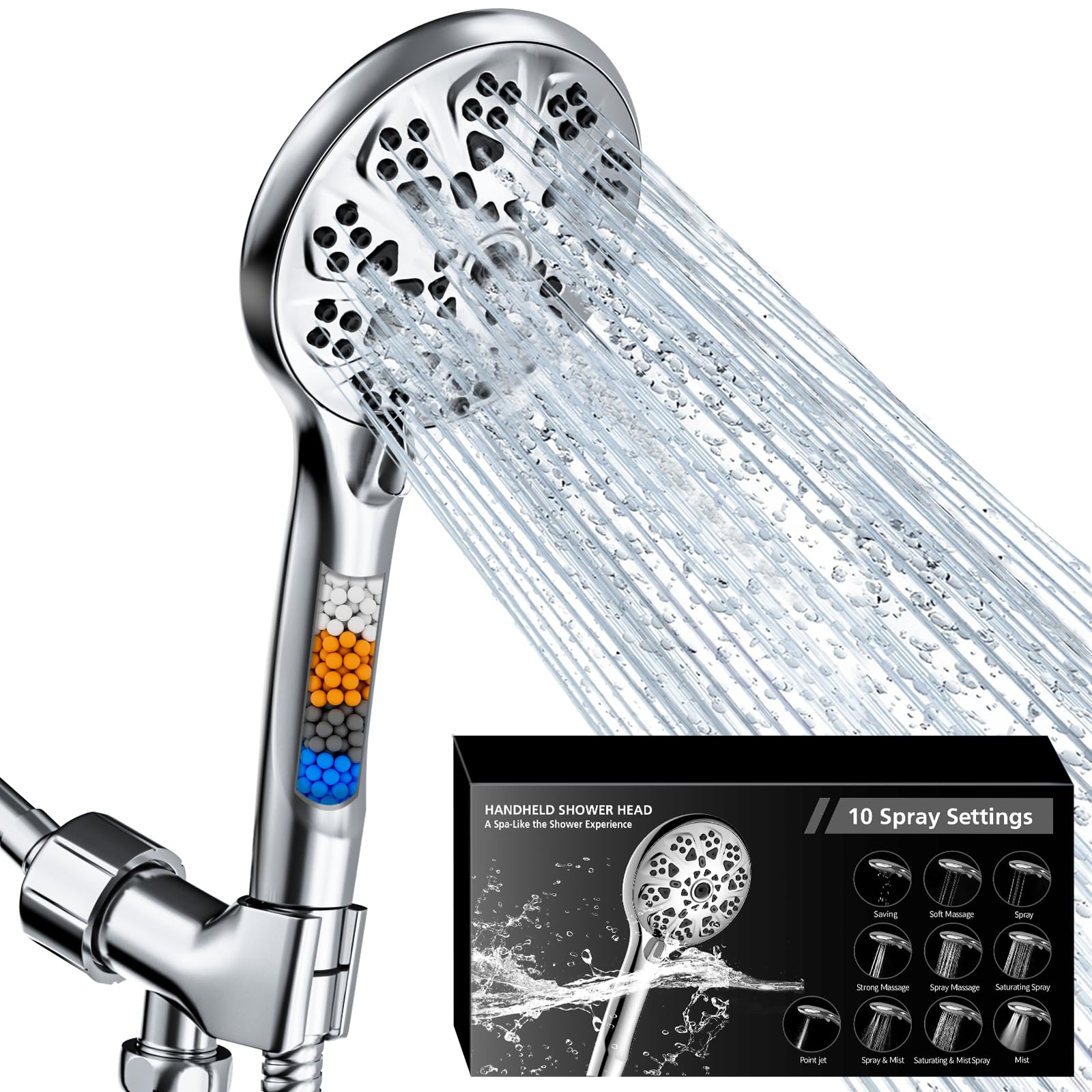 5"Filtered Shower Head with Handheld, High Pressure 10 Spray Settings, 59"Stainless Steel Shower Hose&360° Adjustable Bracket, Quadruple Filtration Design to Improve Water Quality & Bathing Healthier