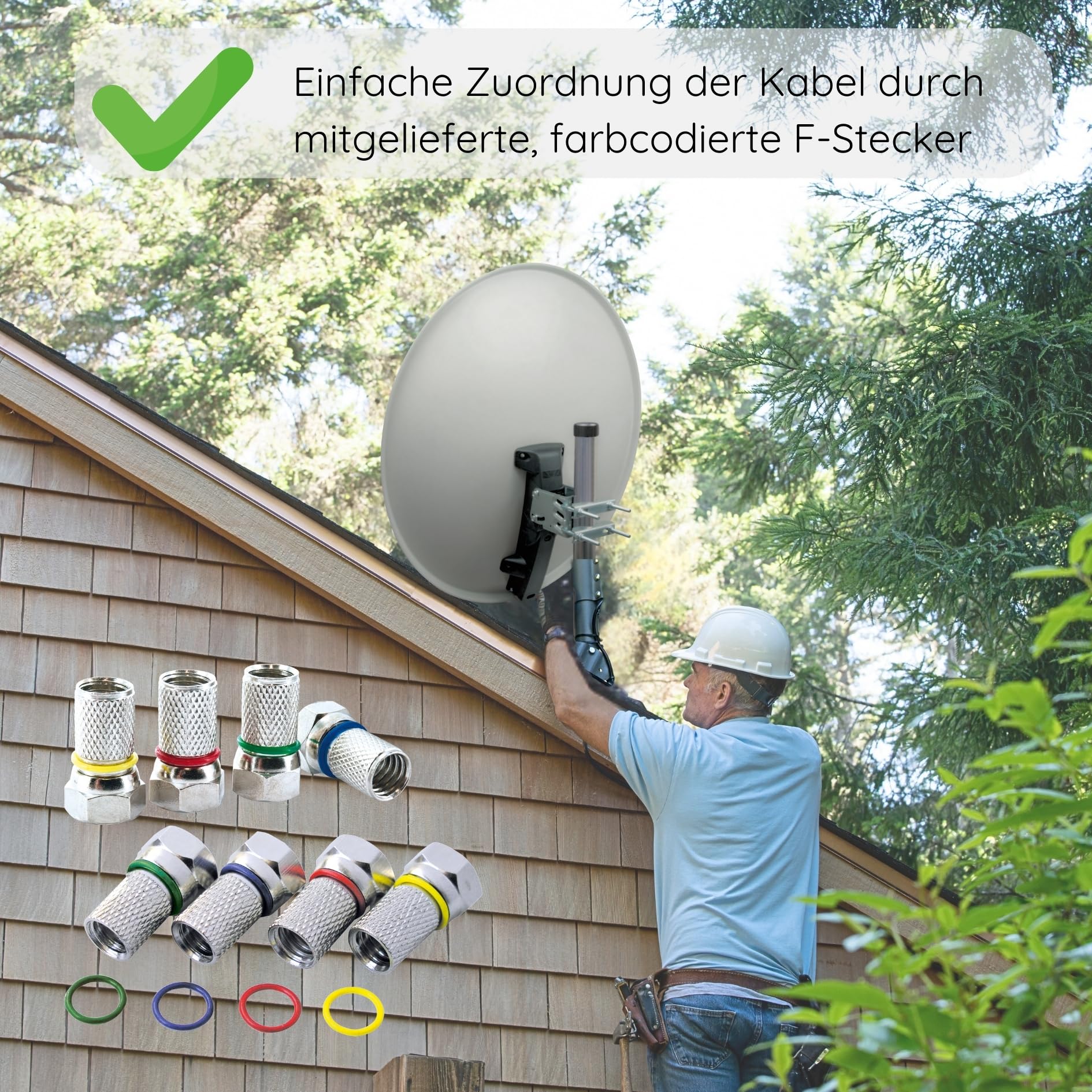 Sistema Sat 500 de SCHWAIGER Juego satélite Antena parabólica Quad LNB Digital 8X F-Plug 7mm Antena Sat de Acero Juego Completo Gris Claro 75 x 85 cm