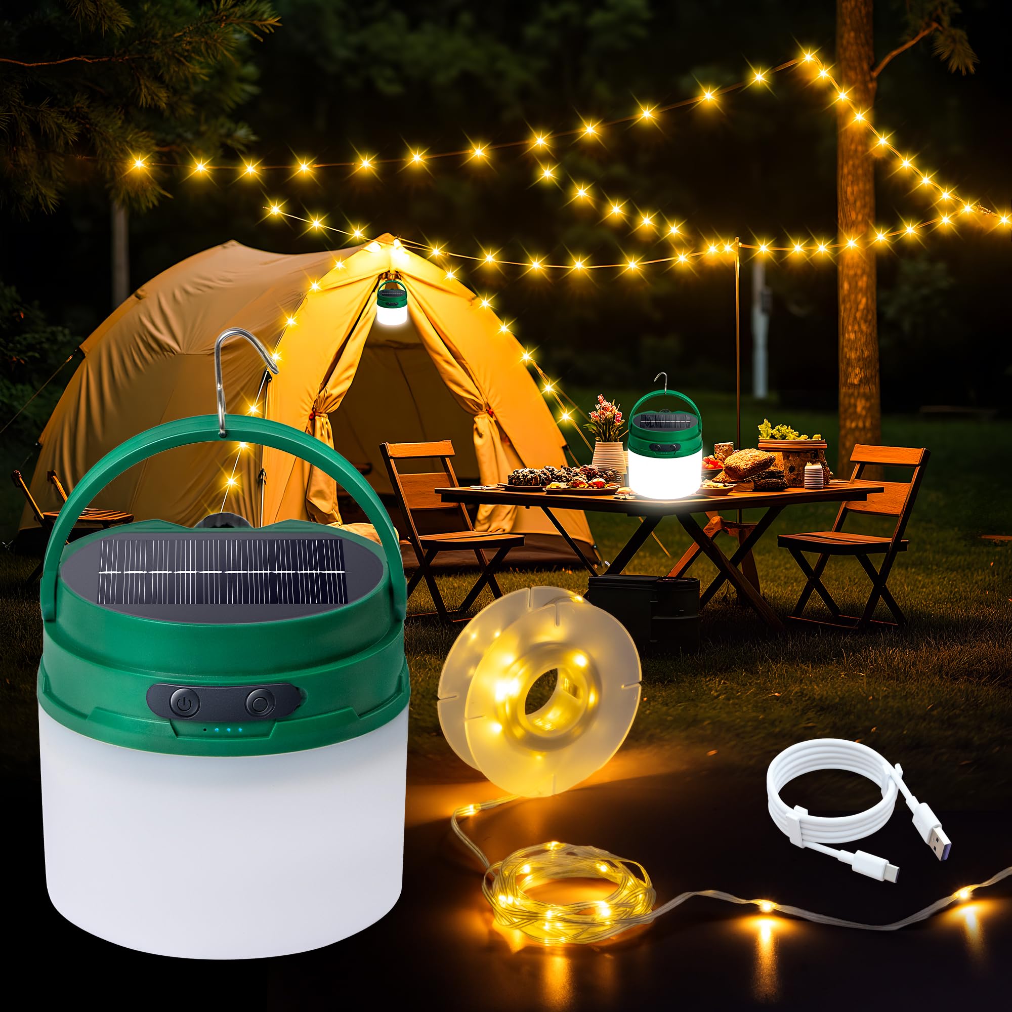 Camping Fairy Lights 12M / 39.3FT, 2-in-1 Solar & USB Rechargeable Camping String Lights with Retractable Reel, IPX6 Waterproof, 3600mAh, 8 Modes, LED Tent Light for Camping Garden Patio Festival