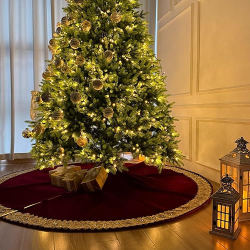 Miniatura 8 de Falda veneciana dorada para árbol de Navidad de 84 pulgadas con banda dorada y trabillas para botones, color borgoña