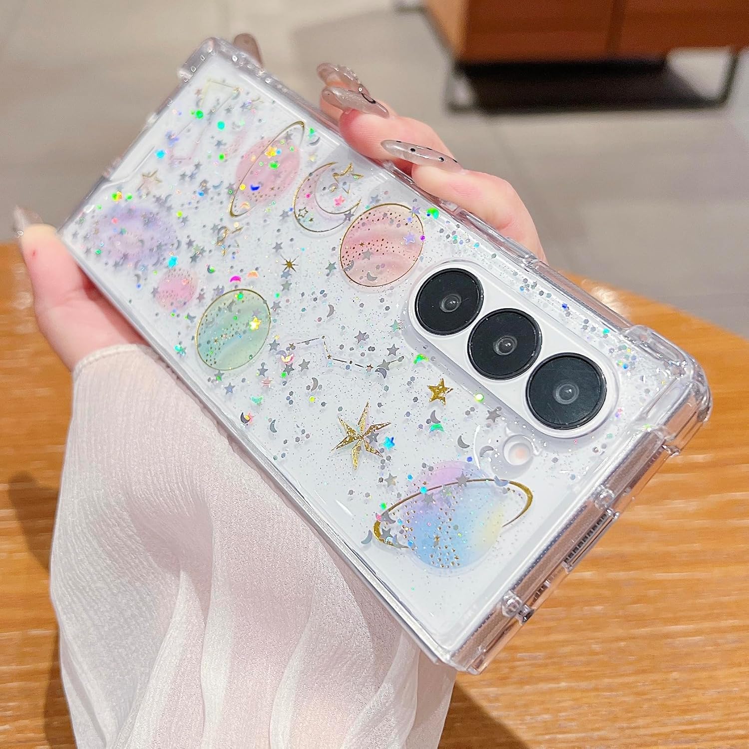 for Samsung Galaxy Z Fold 7 5G Glitter Case, Shockproof Bling Star Crystal Clear Cute Sparkle Soft TPU Bumper PC Protective Phone Cover for Women Girls for (Planet) - Image 2