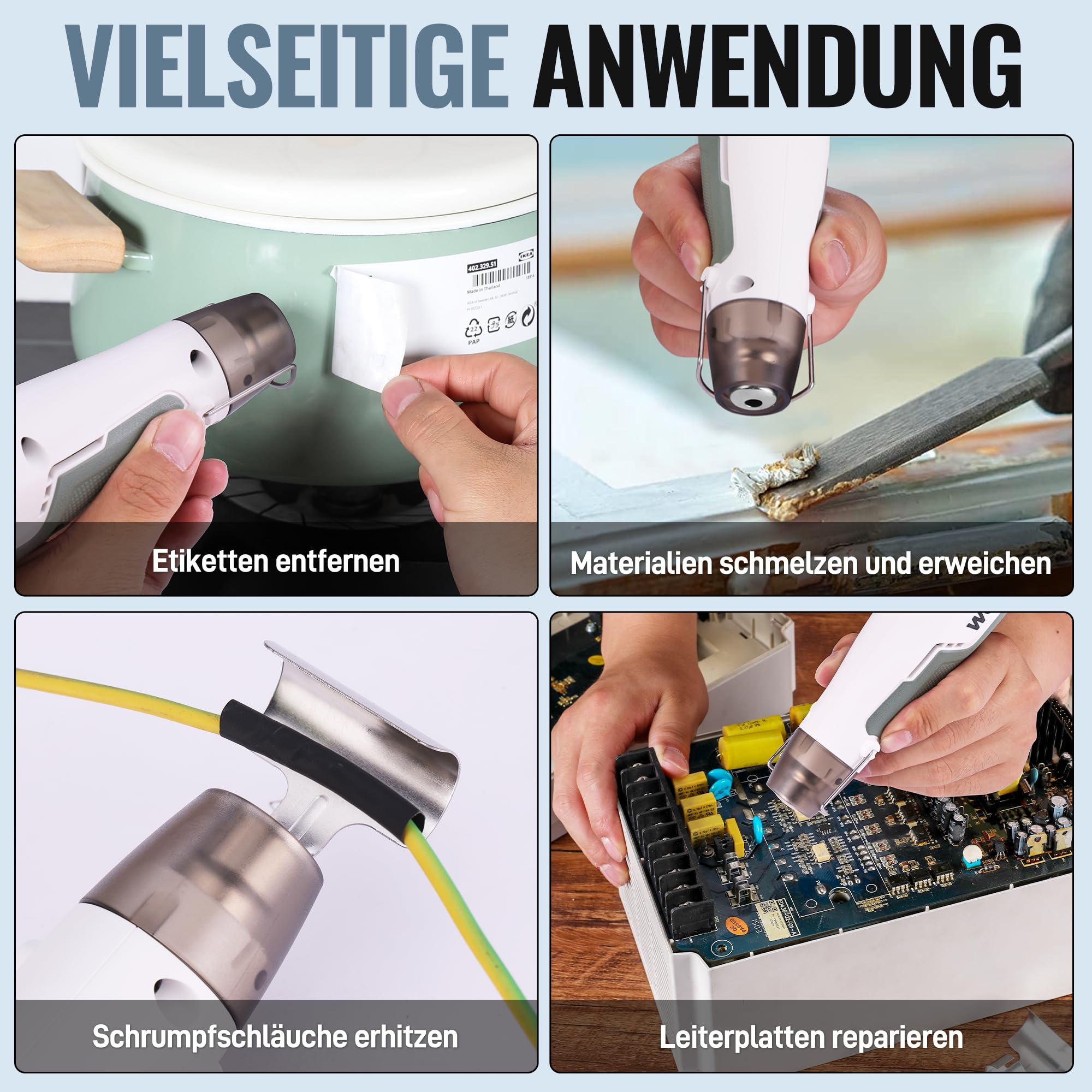 WORKPRO 8V Mini Heißluftpistole mit 4000mAh Akku, 300℃/450℃ Heiztemperatur 30s Schnellaufheizen, Mini Heißluftfön mit Reflektordüse und 50 Stk. Schrumpfschläuche für DIY, Reparaturen & Bastelarbeiten