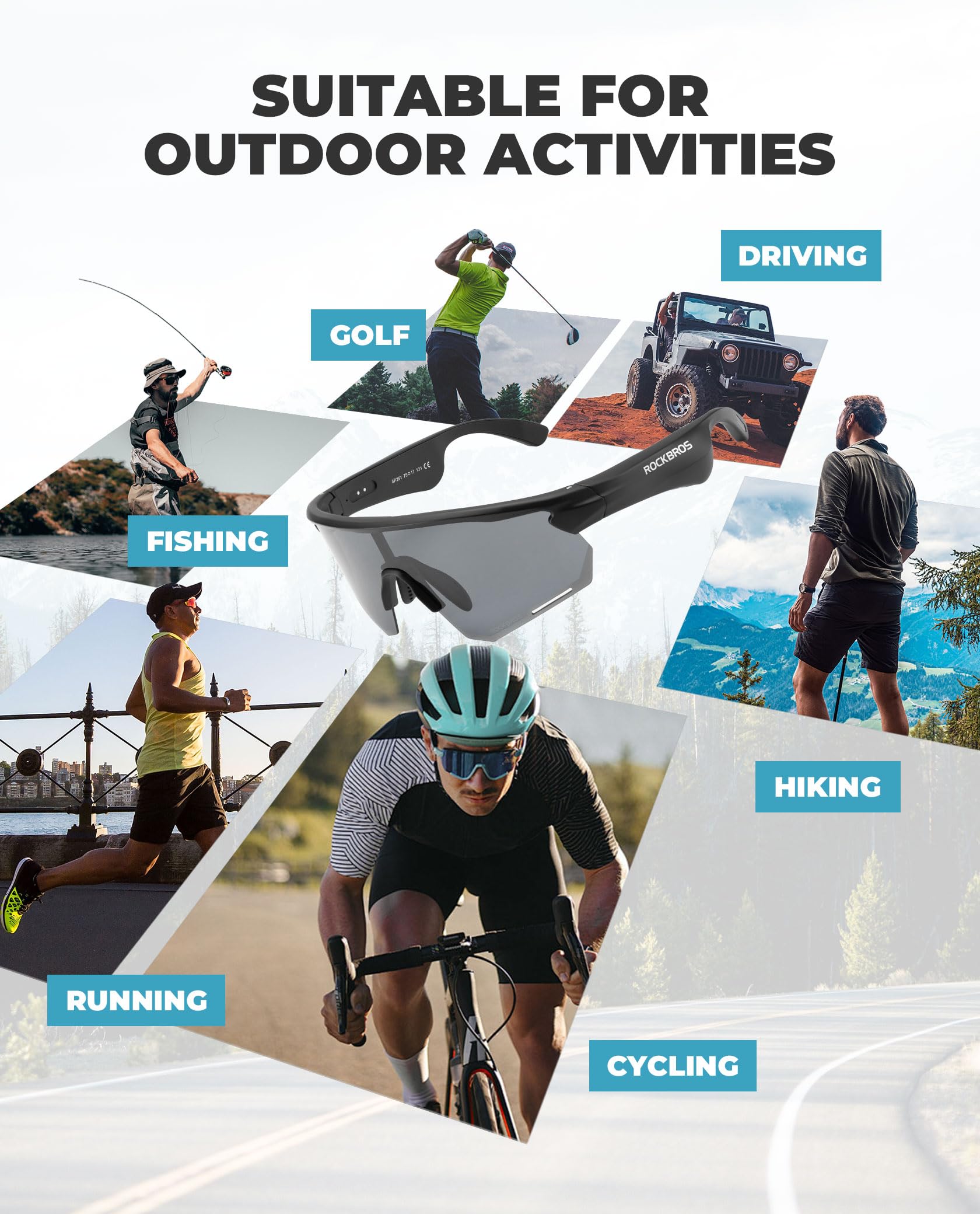 ROCKBROS Occhiali Intelligenti Bluetooth Bici, Occhiali da Sole con Apparecchi Acustici con Lenti Fotocromatiche Smart Glasses UV400 Open Ear Uomo Donna, per Bicicletta Corsa Guidare, Nero
