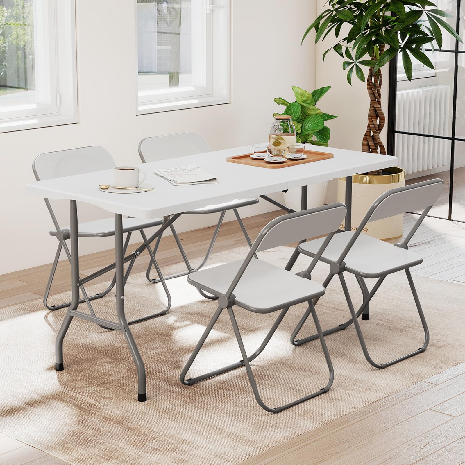COSTWAY Table de Camping Pliante de 152 cm, Table de Pique-Nique pour 4 à 6 Personnes Plateau en PEHD Poignée de Transport, pour Camping Barbecue Fête (Blanc)