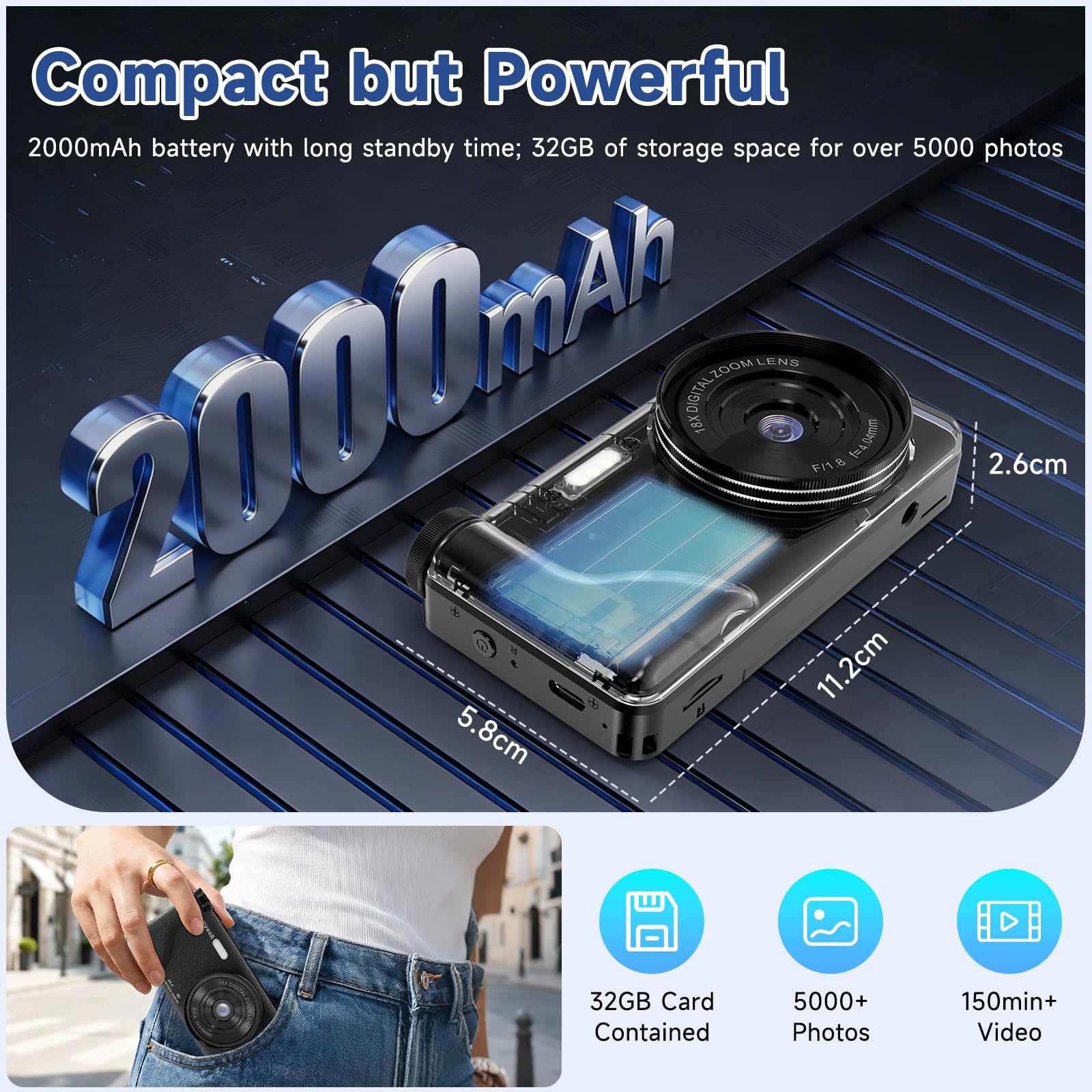Macchina Fotografica Digitale 4K 64MP, Wevoor Fotocamera Digitale Compatta 32GB con Flip 180° da 3", Zoom Digitale 18x, Batteria da 2000 mAh, Digital Camera Per Principianti Adolescen Bambini - Nero