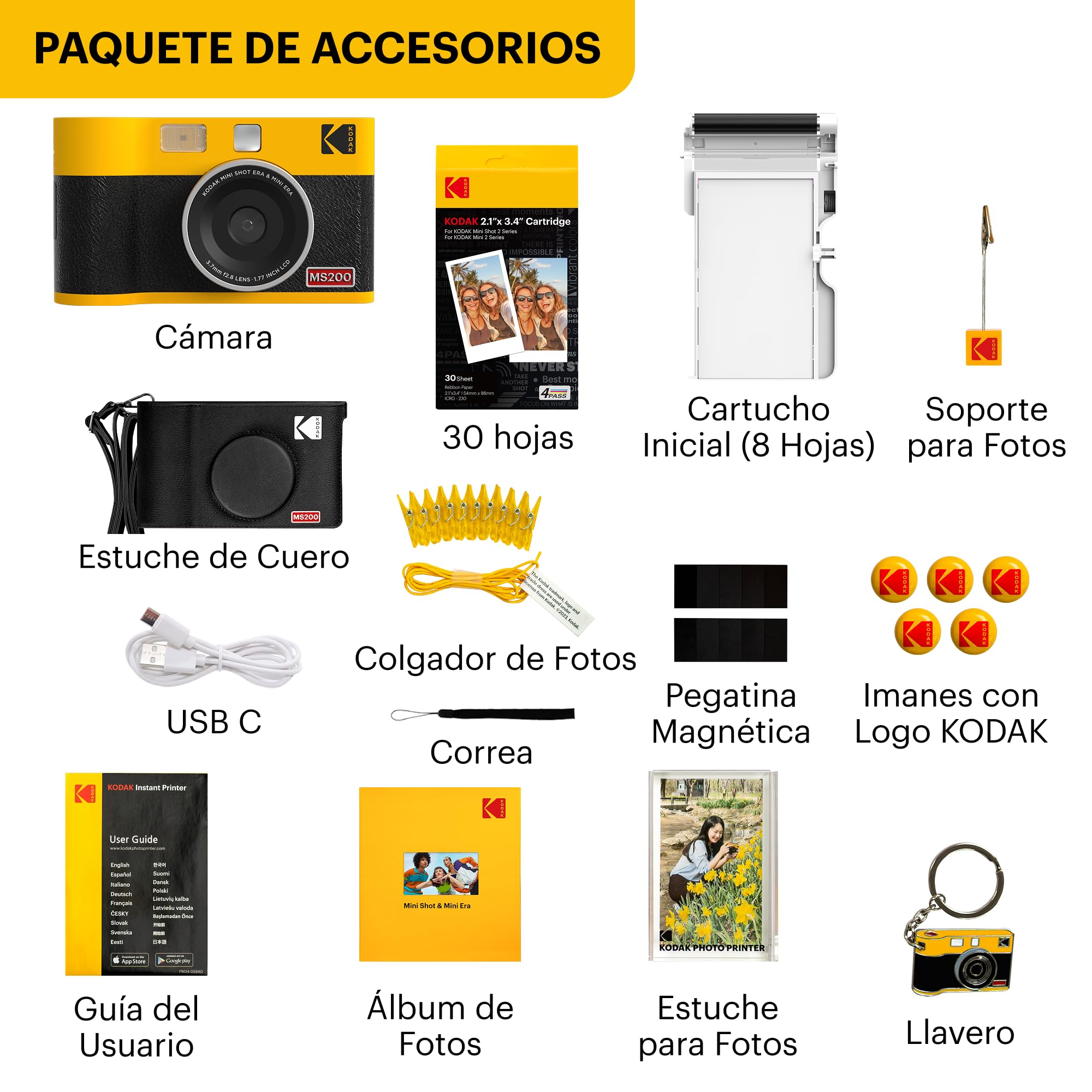 KODAK Mini Shot 2 ERA 4PASS 2-en-1 Cámara Instantánea e Impresora de Fotos (5,3x8,6cm) (Cámara + Pack de Regalo con 38 Hojas, Amarillo)