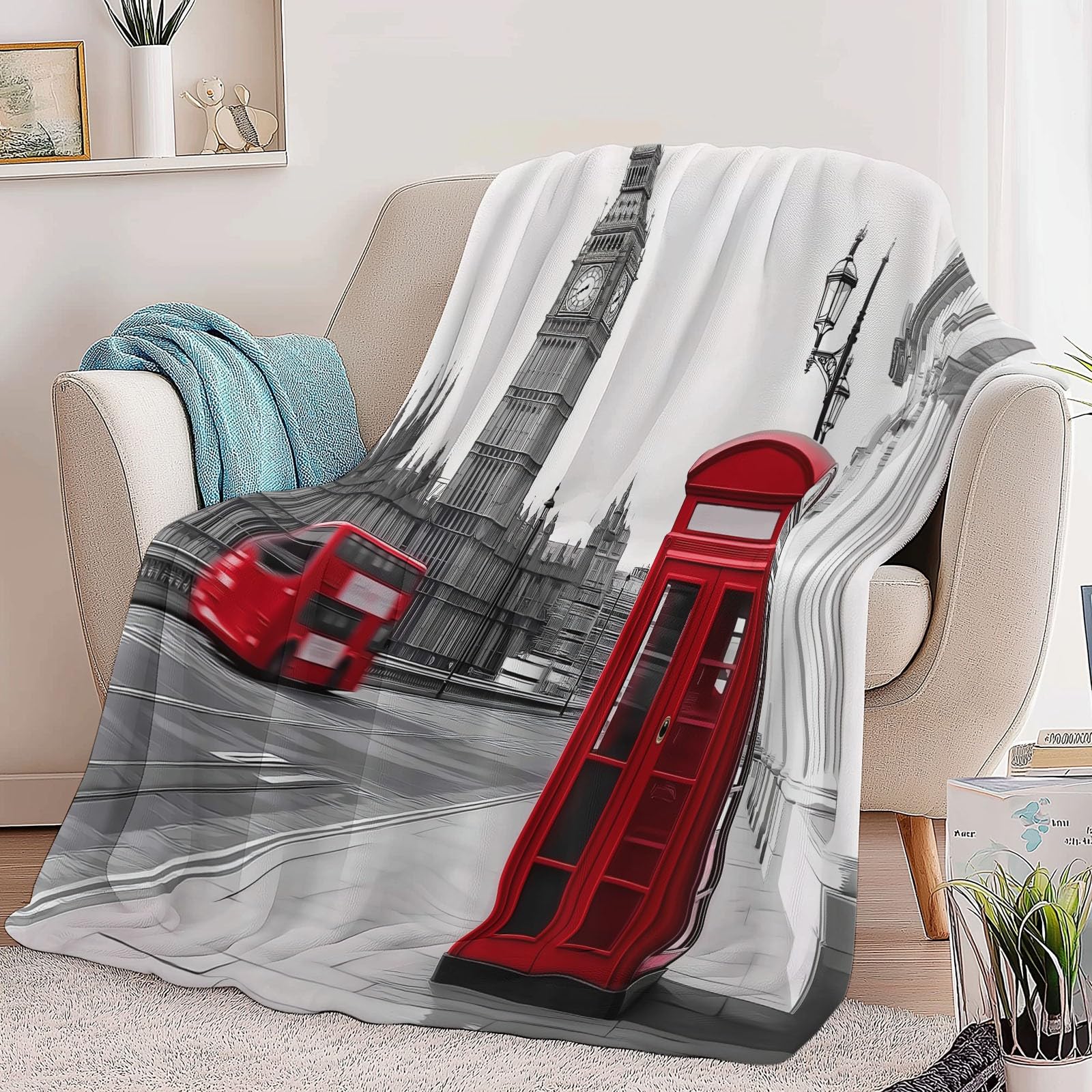 Coperta moderna con stampa London Streets, 200 x 200 cm, in morbido pile grigio, comoda e leggera, in flanella felpata, per letto, divano, perfetta per adulti e bambini, decorazione per la casa e