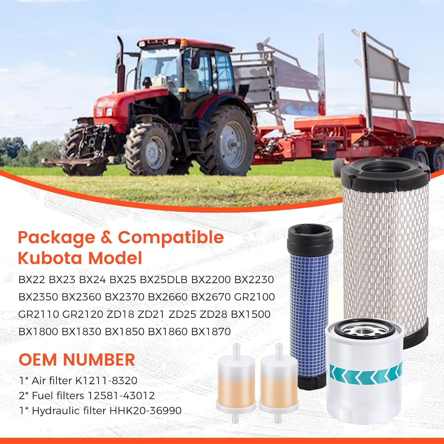 K1211-82320 Filter Maintenance Kit Air Fuel Oil Hydraulic filter Compatible with Kubota BX22 BX23 BX25 Series GR2100 ZD18 ZD21 Replaces 12581-43012 HHK20-36990