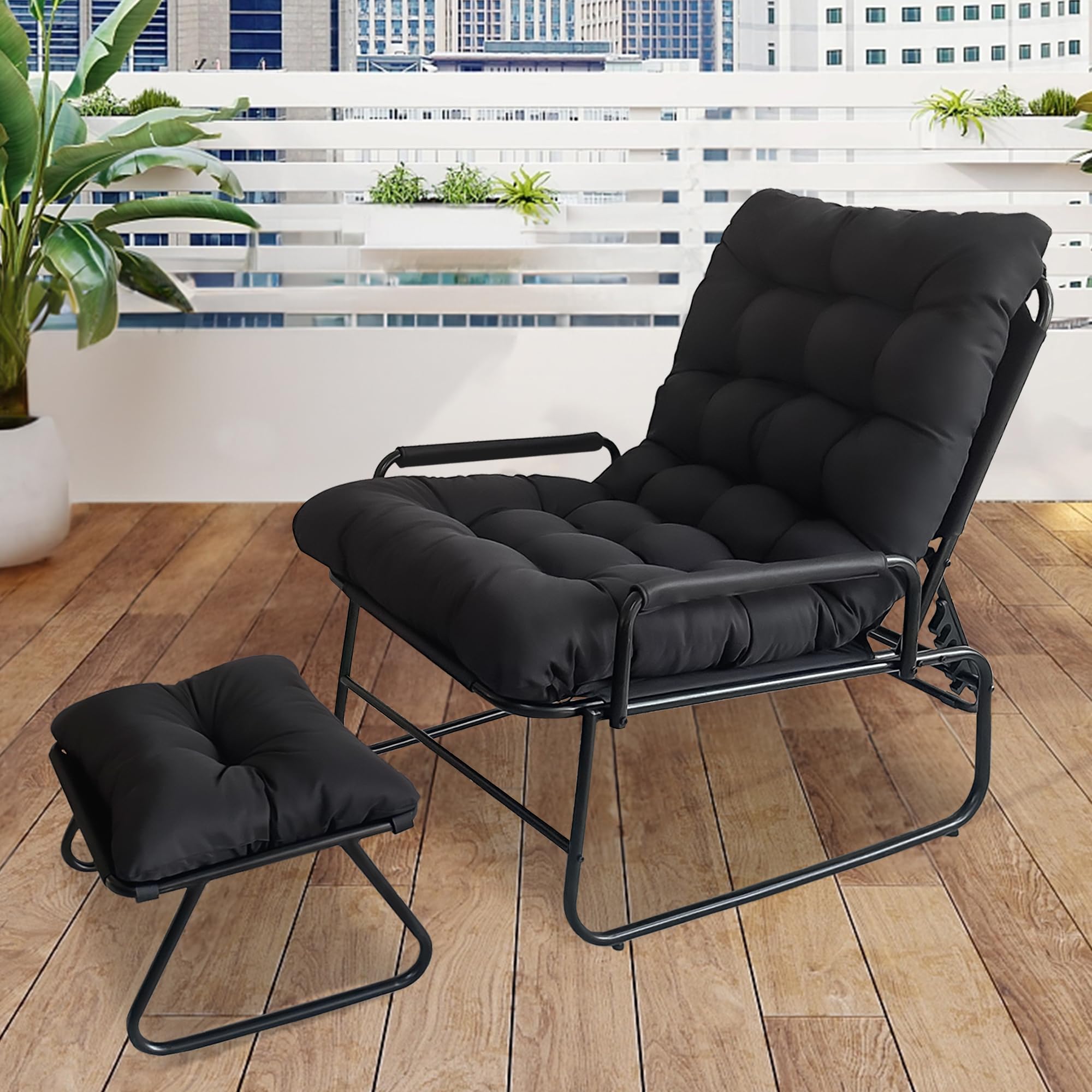 Chaise Longue Inclinable avec Repose-Pieds, Chaise Relax de Jardin, Fonction D'inclinaison à 4 Positions, Coussin Amovible avec Repose, Chaise Longue Détente pour Jardin, Terrasse (Noir)